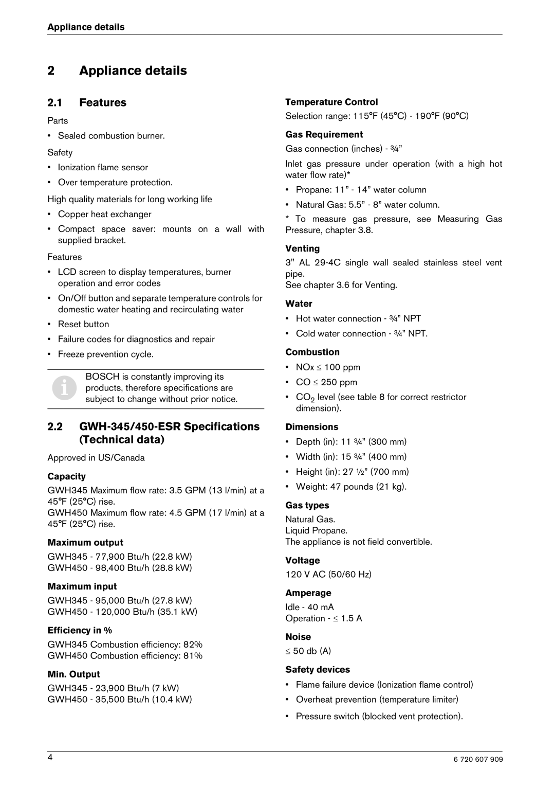 Bosch Appliances GWH-345/450-ESR-L manual Appliance details, Features, GWH-345/450-ESR Specifications Technical data 