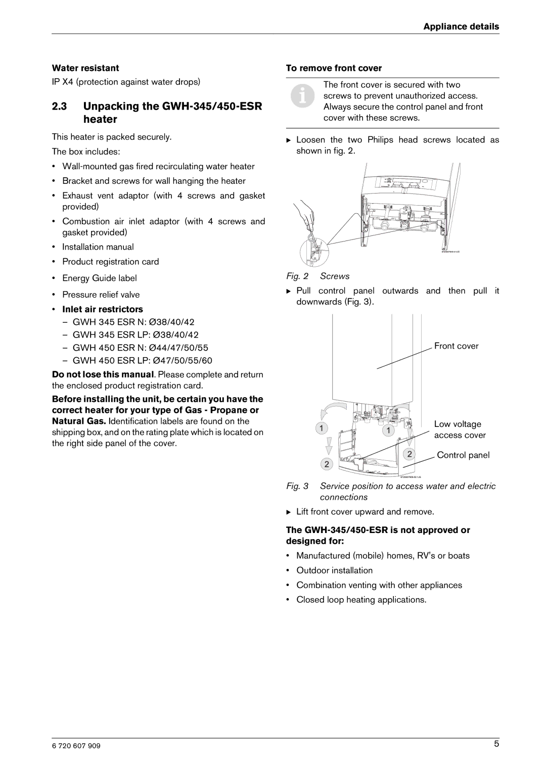 Bosch Appliances GWH-345/450-ESR-N manual Unpacking the GWH-345/450-ESR heater, Appliance details Water resistant 