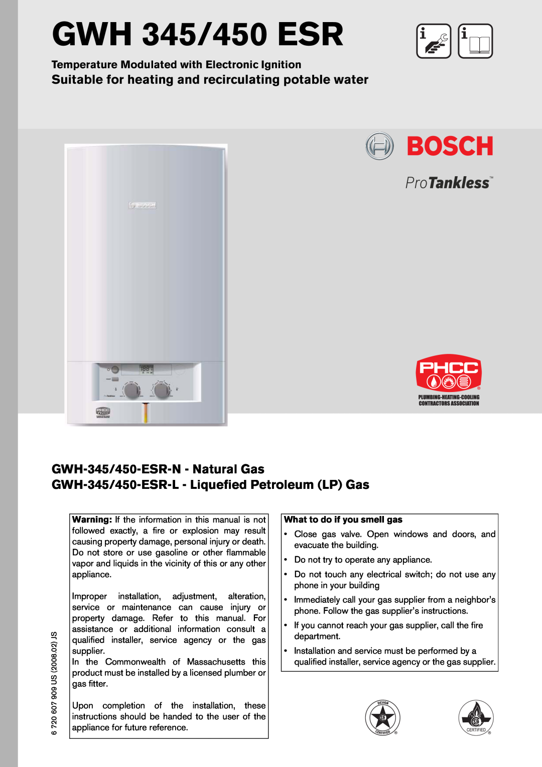 Bosch Appliances GWH-345/450-ESR-N manual Suitable for heating and recirculating potable water, GWH 345/450 ESR 