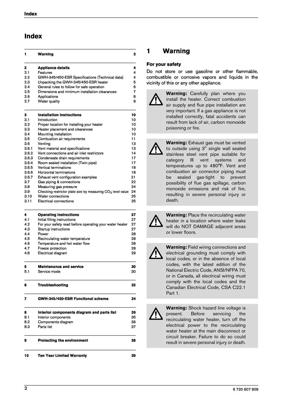 Bosch Appliances GWH-345/450-ESR-L, GWH-345/450-ESR-N manual Index, Warning, For your safety 