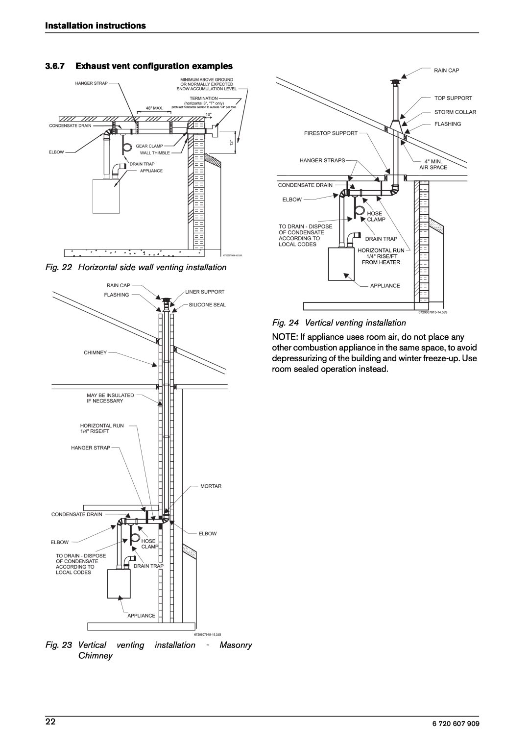 Bosch Appliances GWH-345/450-ESR-L manual Exhaust vent configuration examples, Horizontal side wall venting installation 