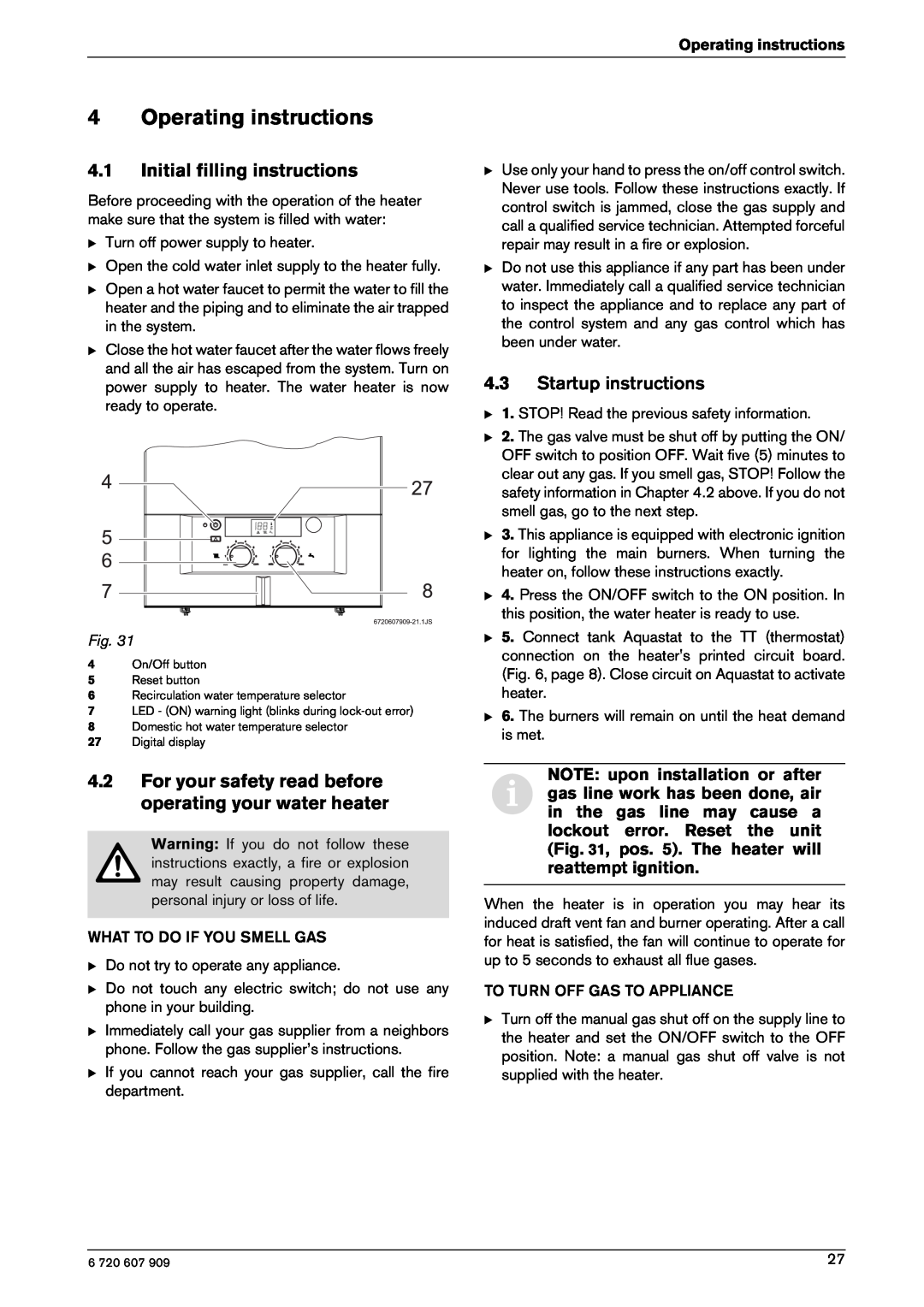 Bosch Appliances GWH-345/450-ESR-N manual Operating instructions, Initial filling instructions, Startup instructions 