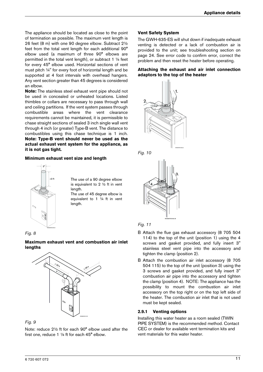 Bosch Appliances GWH-635-ES manual Minimum exhaust vent size and length, Venting options 