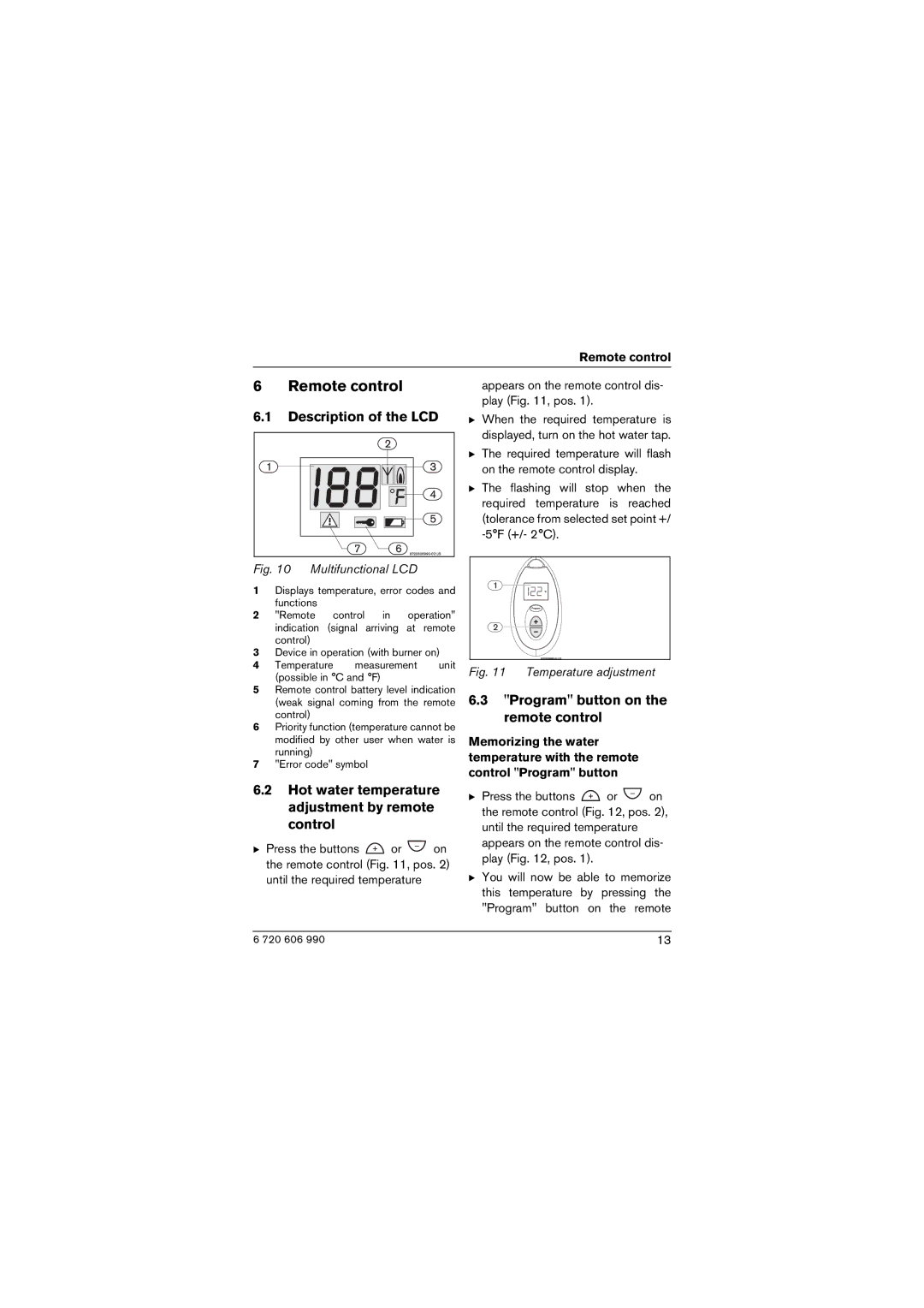 Bosch Appliances 715ES, 2400ES Remote control, Description of the LCD, Hot water temperature adjustment by remote control 