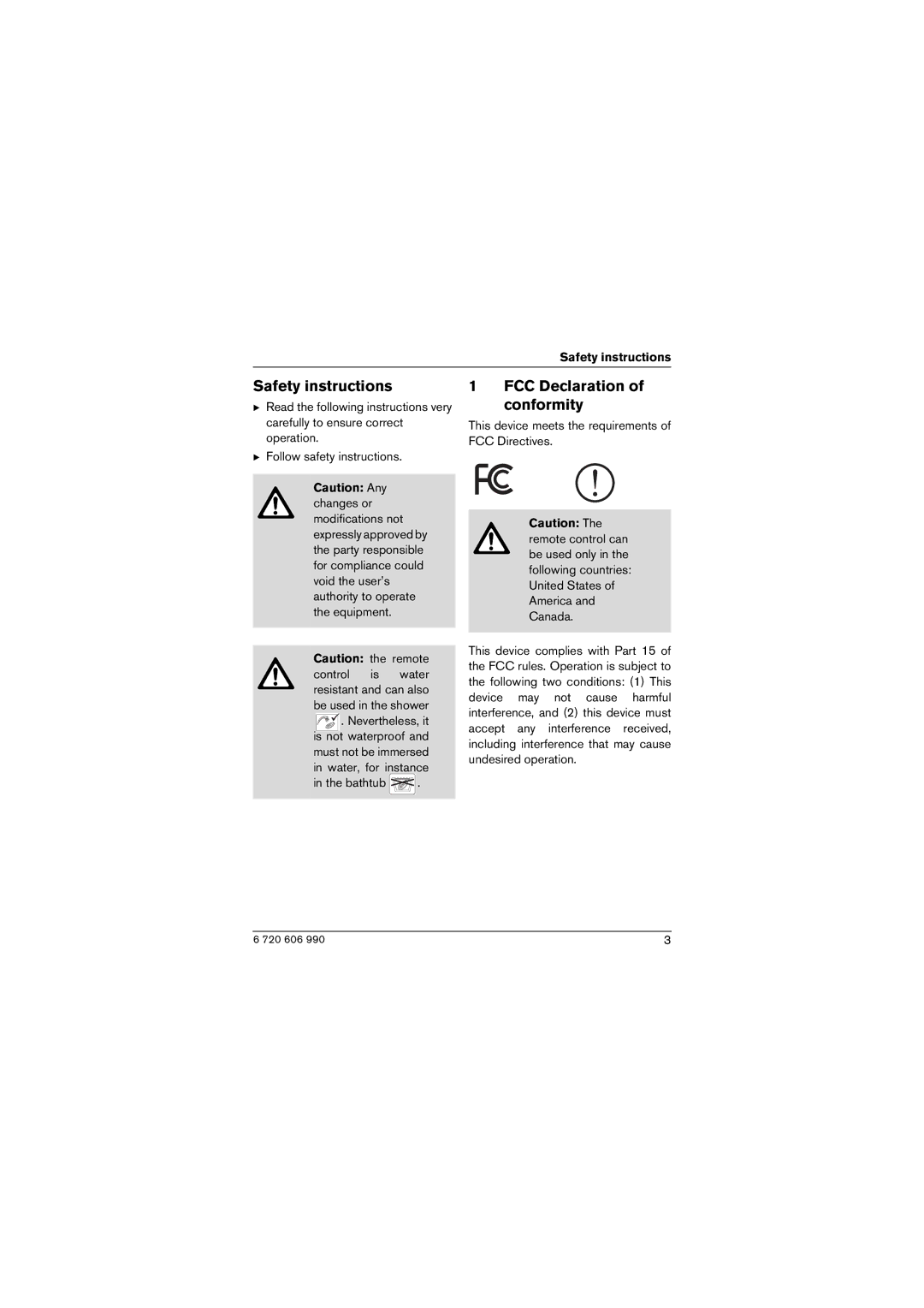 Bosch Appliances 715ES, GWH-635-ESO, 2400ES, 2700ES, C800ES manual Safety instructions, FCC Declaration of conformity 