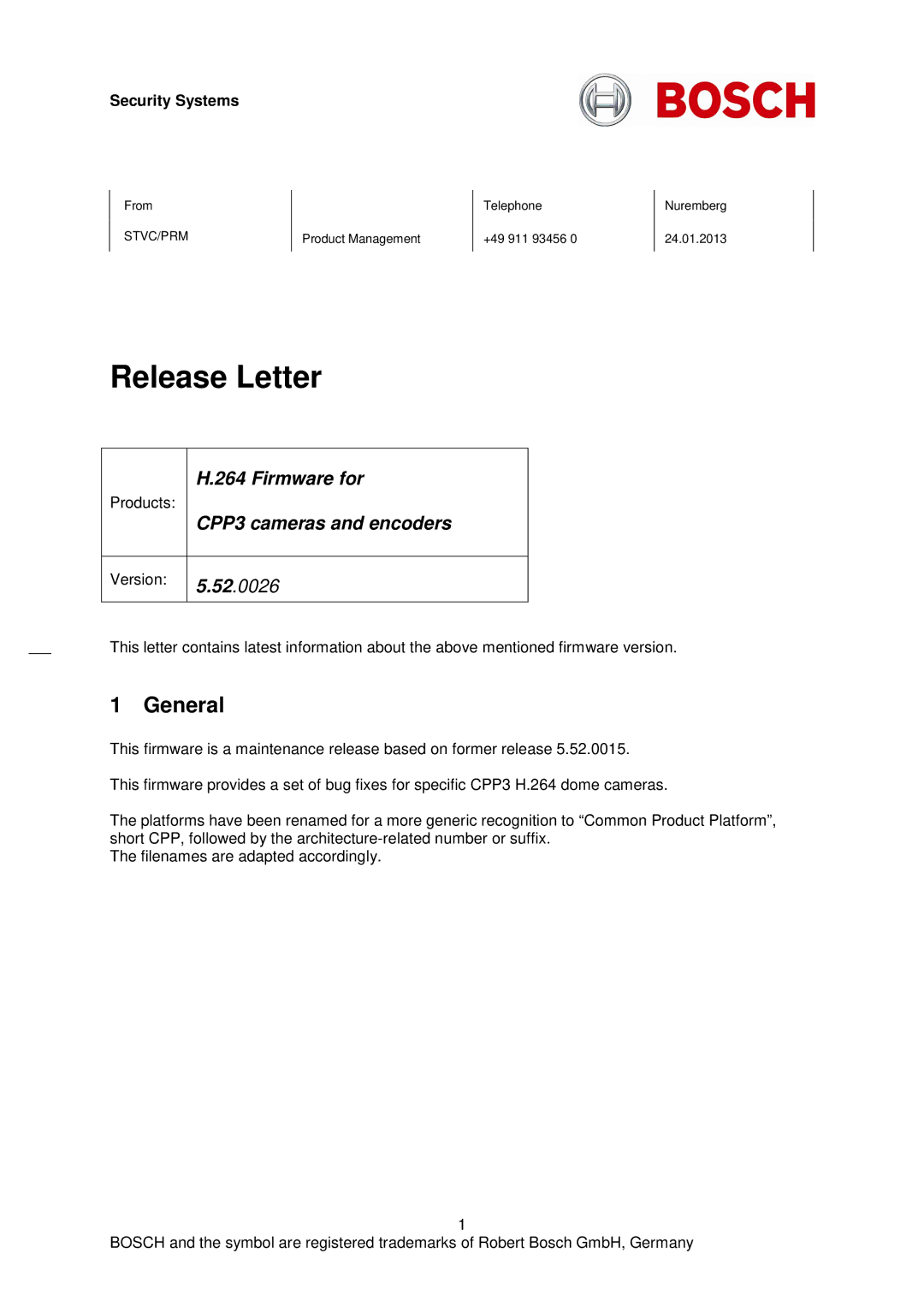 Bosch Appliances H-264 manual General, Firmware for, CPP3 cameras and encoders, Security Systems 