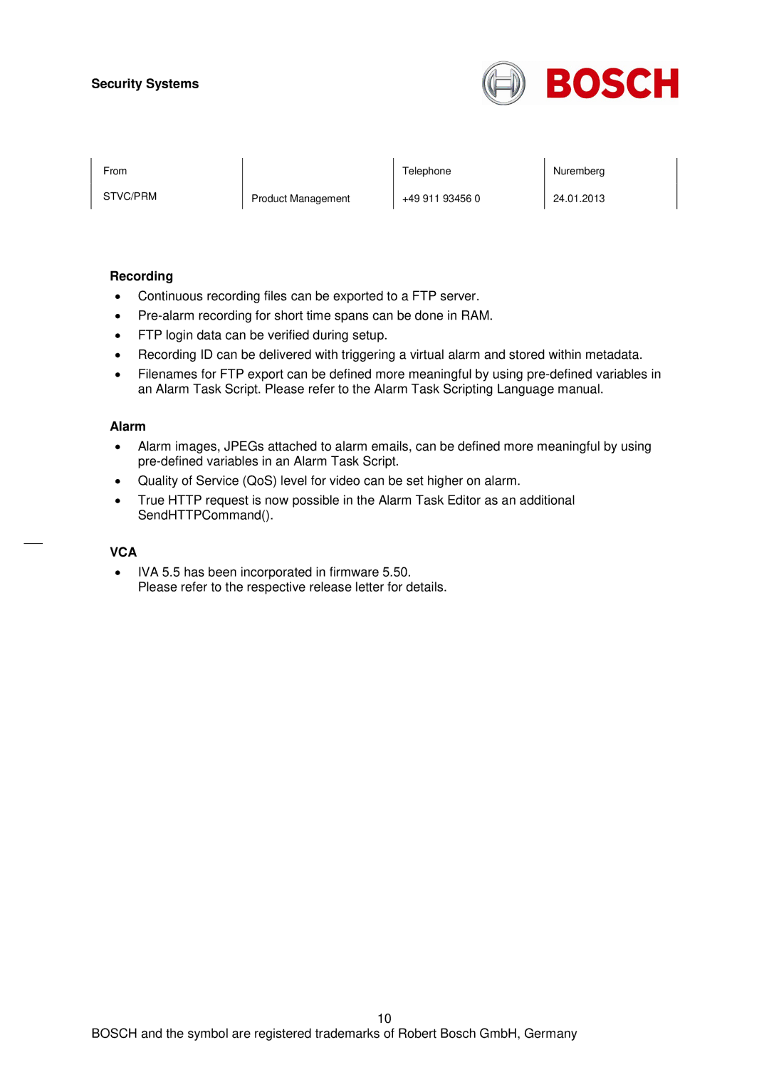 Bosch Appliances H-264 manual Recording, Alarm 