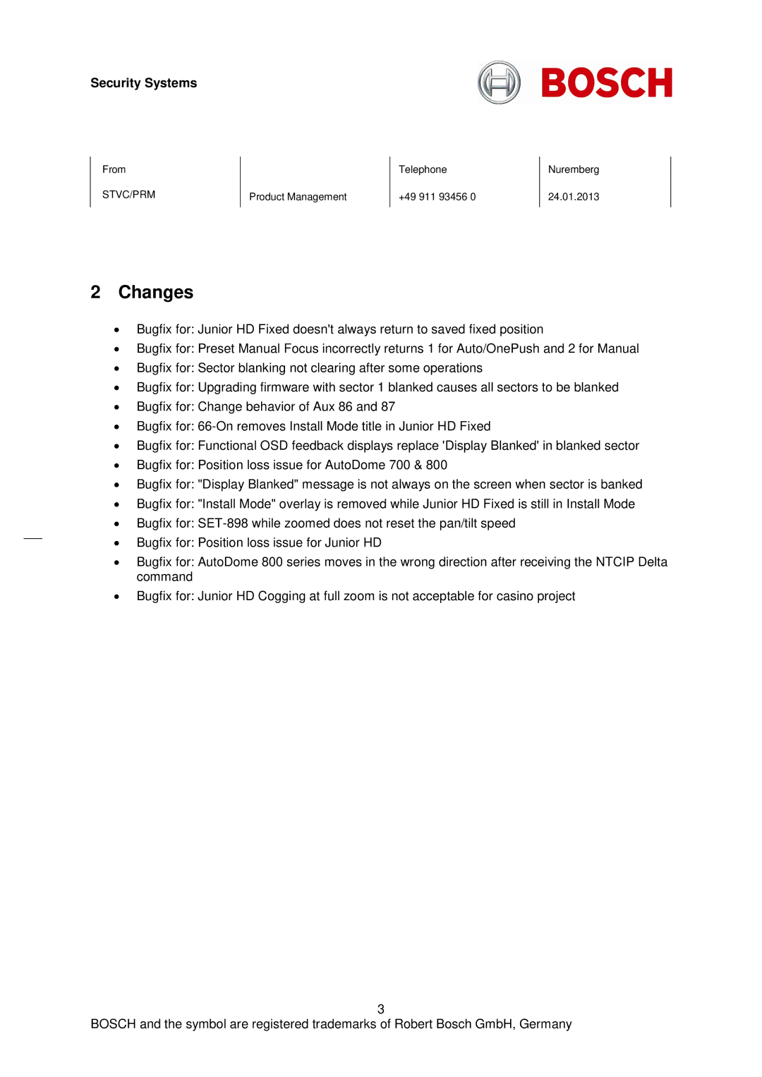 Bosch Appliances H-264 manual Changes 