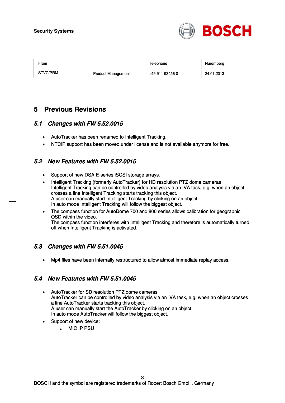 Bosch Appliances H-264 manual Previous Revisions, 5.1Changes with FW, 5.2New Features with FW, 5.3Changes with FW 
