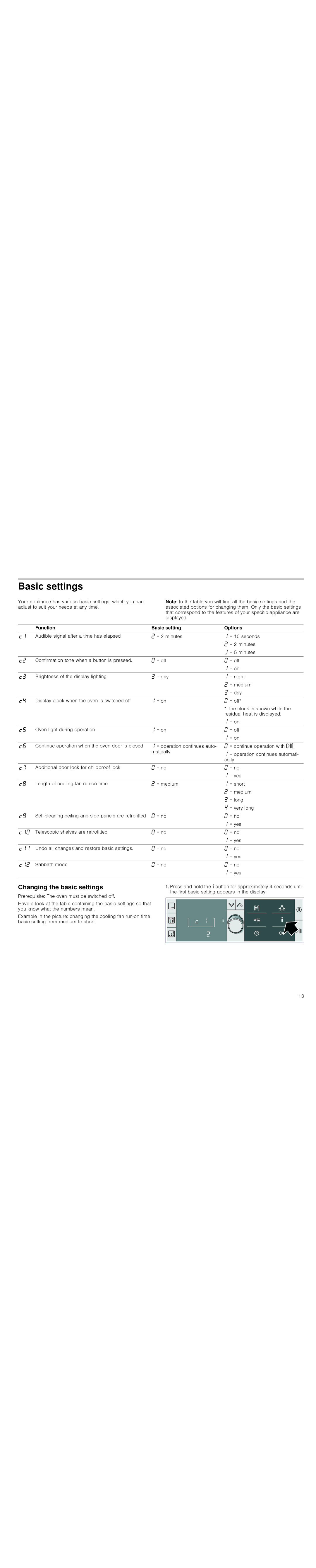 Bosch Appliances HBA36B6.0W instruction manual Basic settings, Changing the basic settings, Function Basic setting Options 