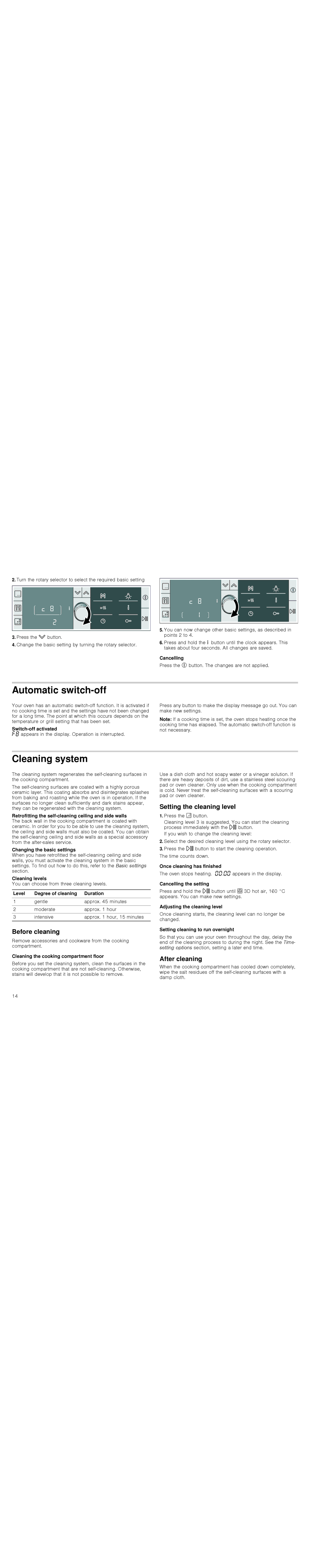 Bosch Appliances HBA36B6.0W Automatic switch-off, Cleaning system, Before cleaning, Setting the cleaning level 