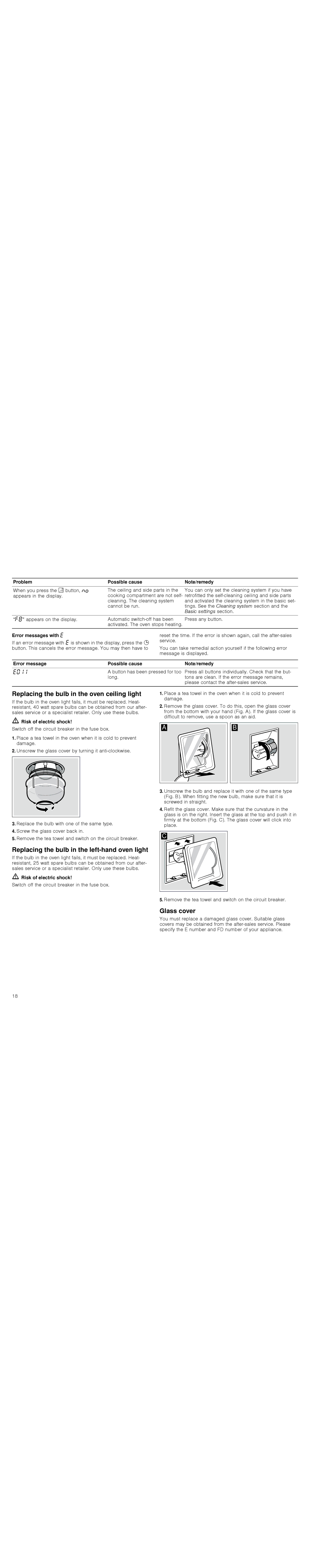 Bosch Appliances HBA36B6.0W Replacing the bulb in the oven ceiling light, Replacing the bulb in the left-hand oven light 