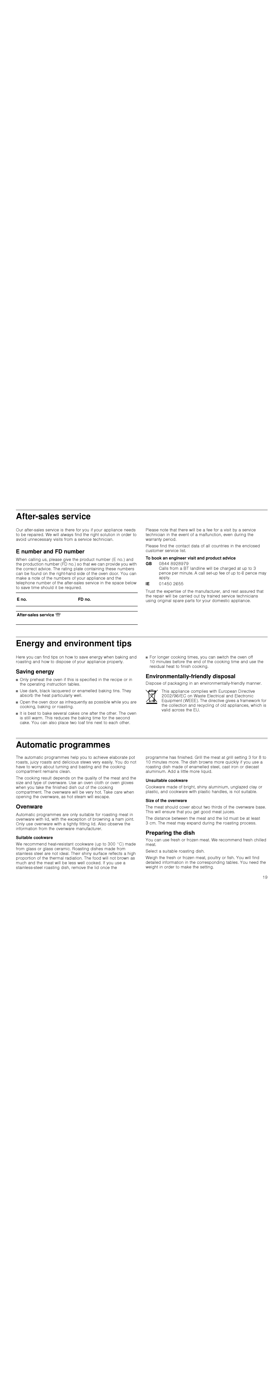 Bosch Appliances HBA36B6.0W instruction manual After-sales service, Energy and environment tips, Automatic programmes 