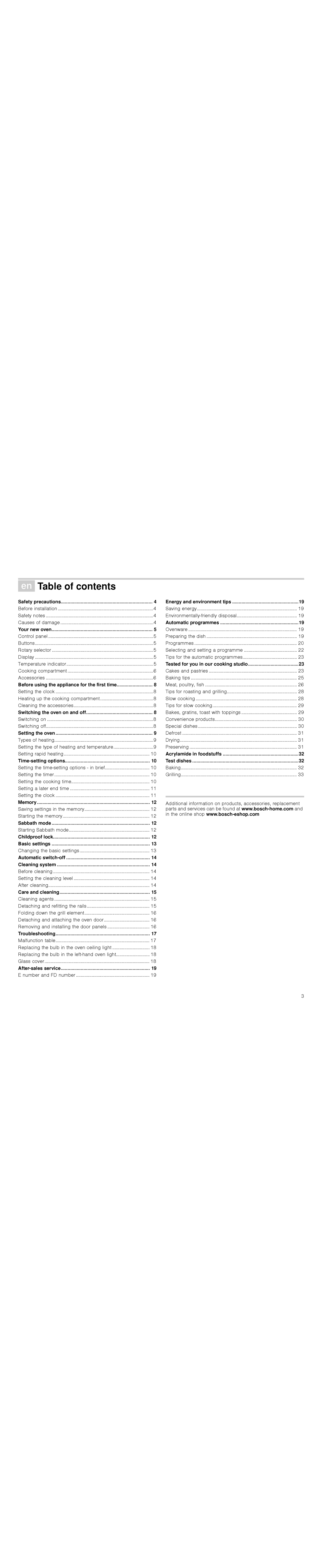 Bosch Appliances HBA36B6.0W instruction manual ÚTable of contents 