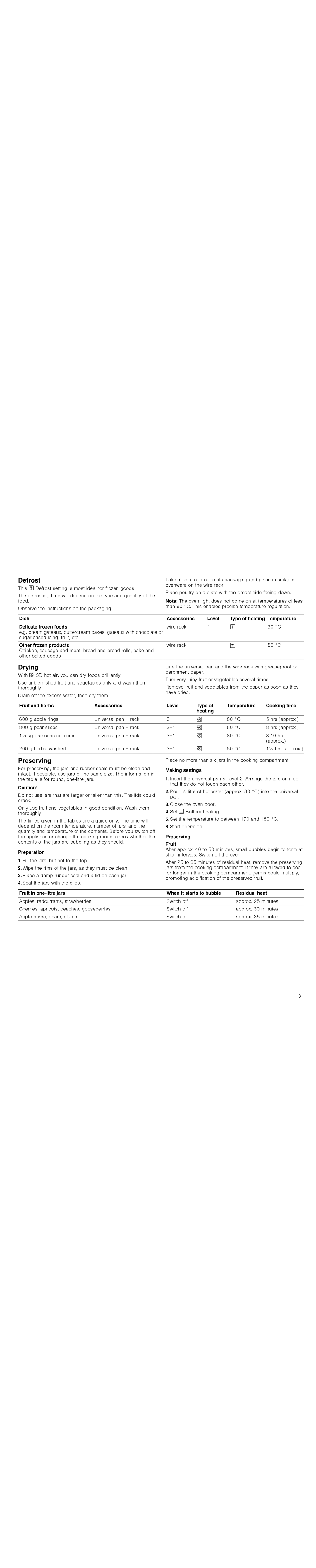 Bosch Appliances HBA36B6.0W instruction manual Defrost, Drying, Preserving 