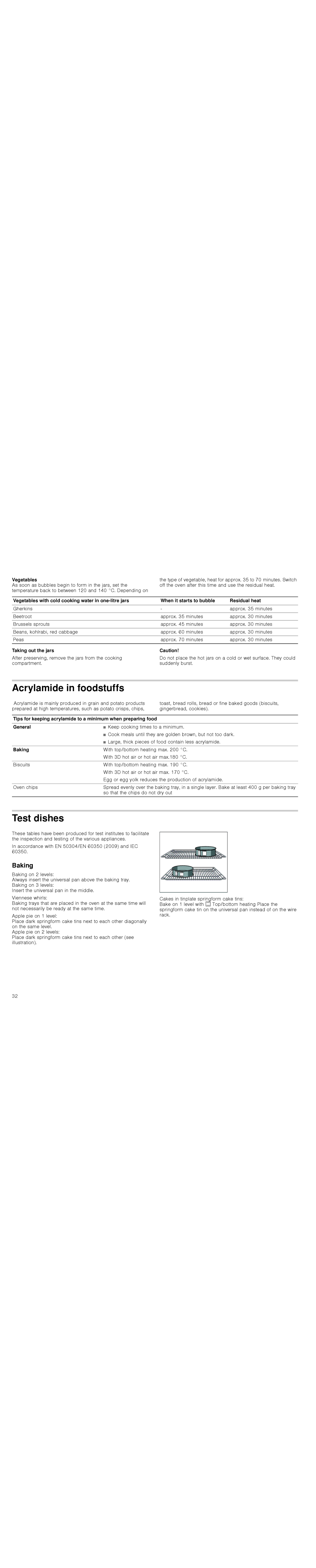 Bosch Appliances HBA36B6.0W instruction manual Acrylamide in foodstuffs, Test dishes, Baking 