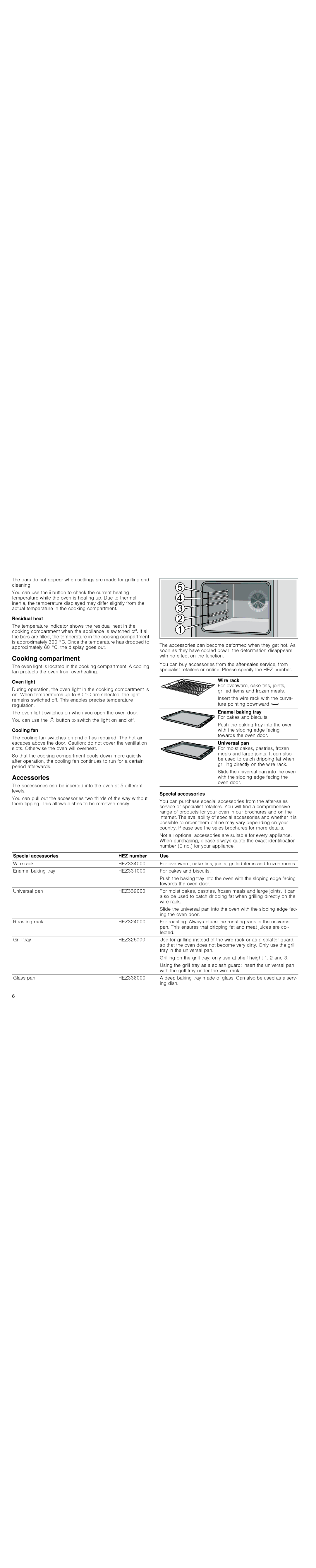 Bosch Appliances HBA36B6.0W instruction manual Cooking compartment, Accessories 