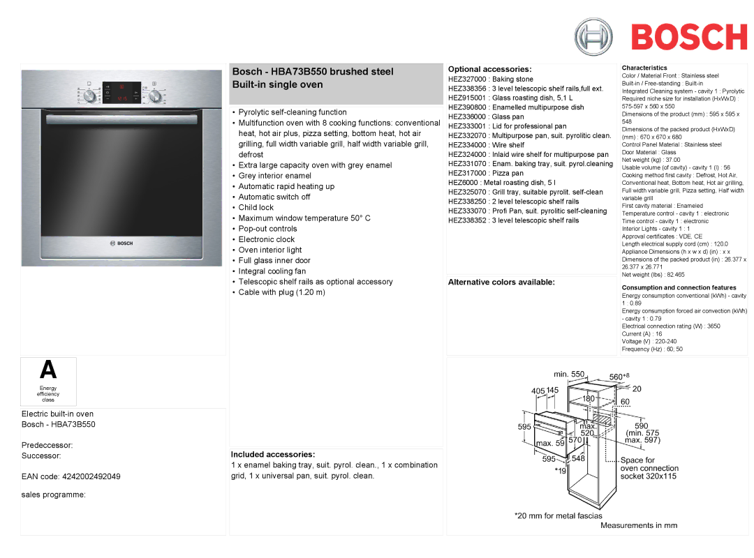 Bosch Appliances HBA738550 manual Boch HB7B550 bruhed teel Builtin inle oen 