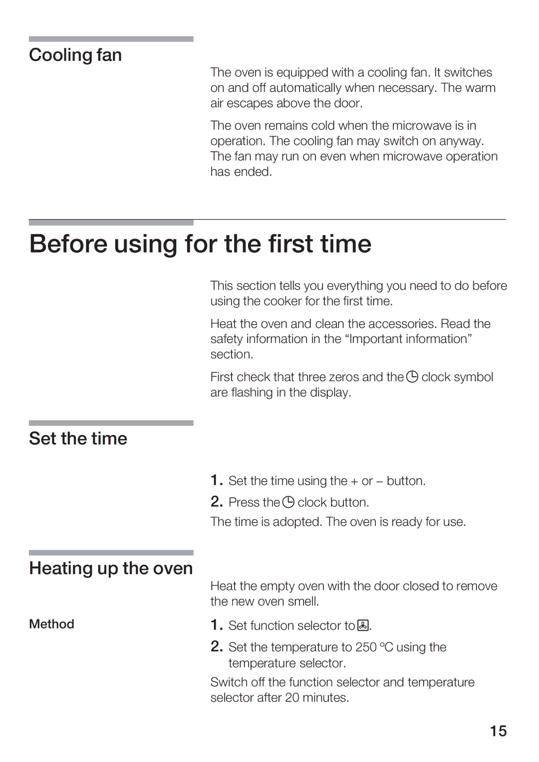 Bosch Appliances HBC84K5.0A manual Before using for the first time, Cooling fan, Set the time, Heating up the oven 