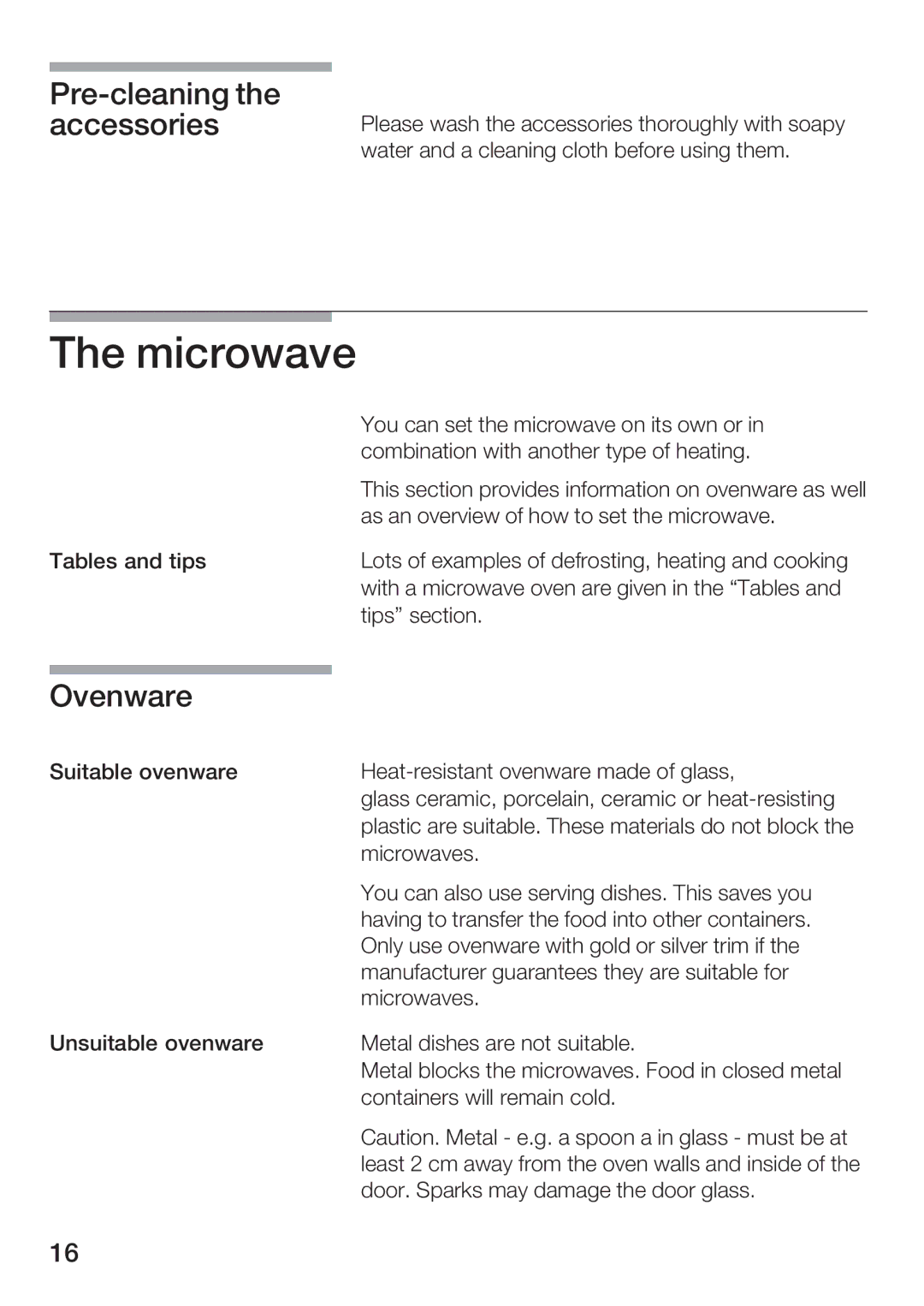 Bosch Appliances HBC84K5.0A manual Microwave, Precleaning the accessories, Ovenware 