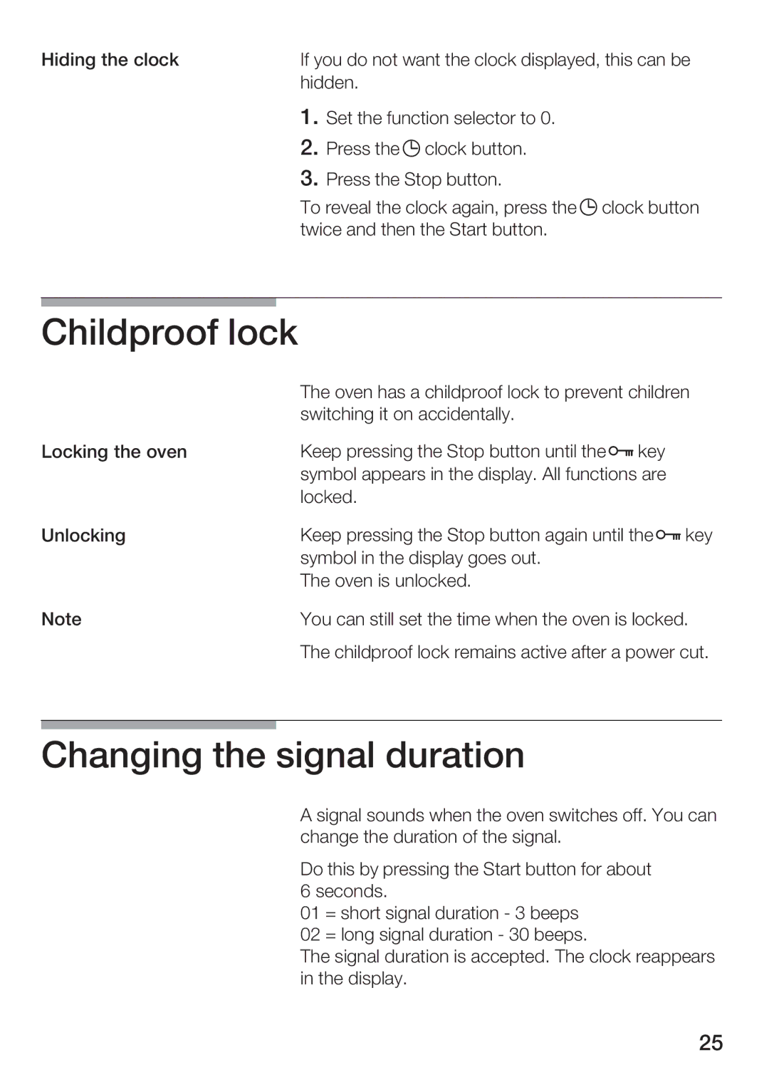 Bosch Appliances HBC84K5.0A manual Childproof Lock, Changing the signal duration 