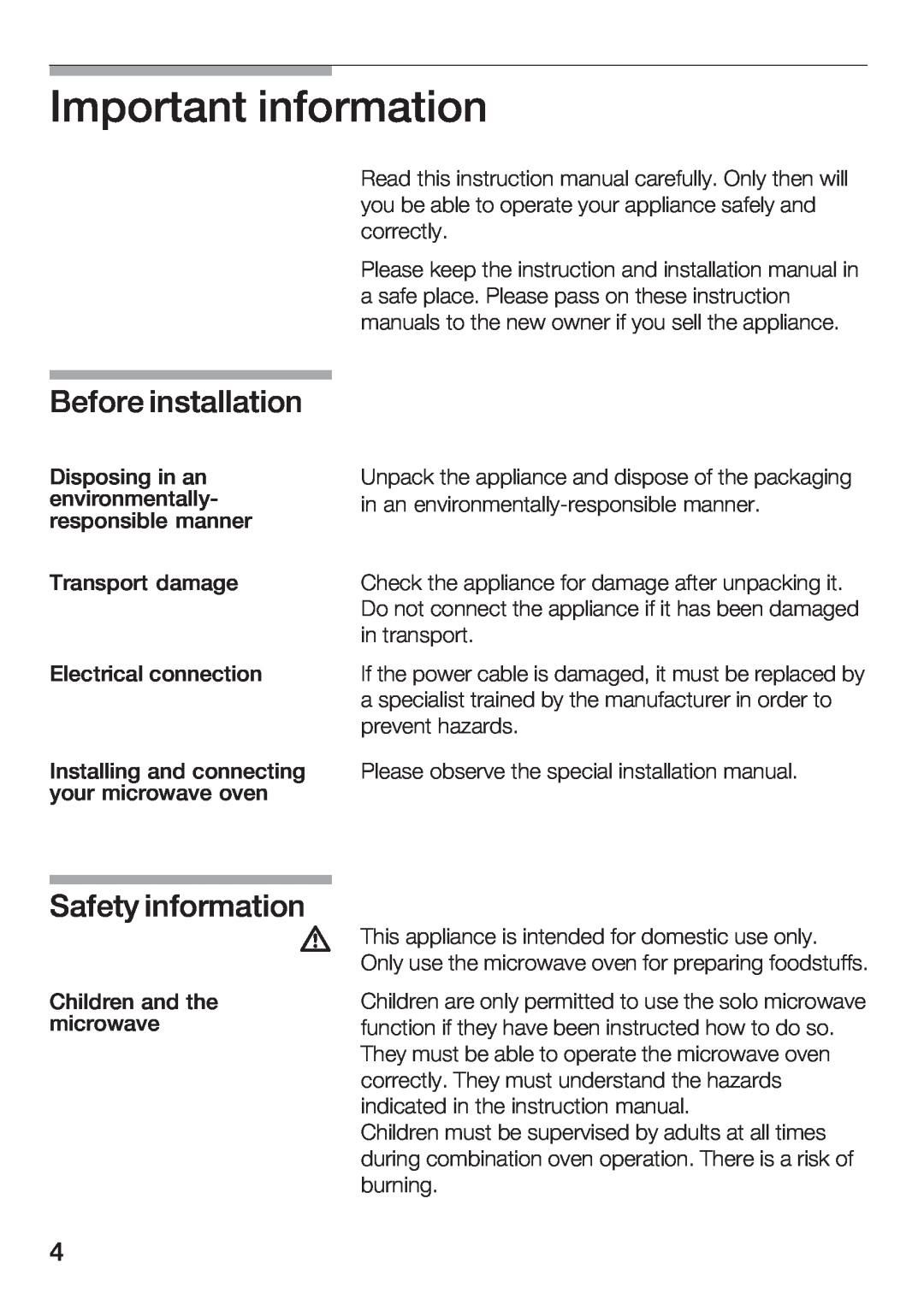 Bosch Appliances HBC84K5.0A manual Important information, Before installation, Safety information 