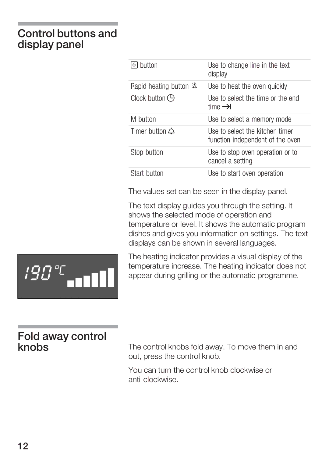 Bosch Appliances HBC86K7.0 manual Control buttons and display panel, Fold away control knobs 