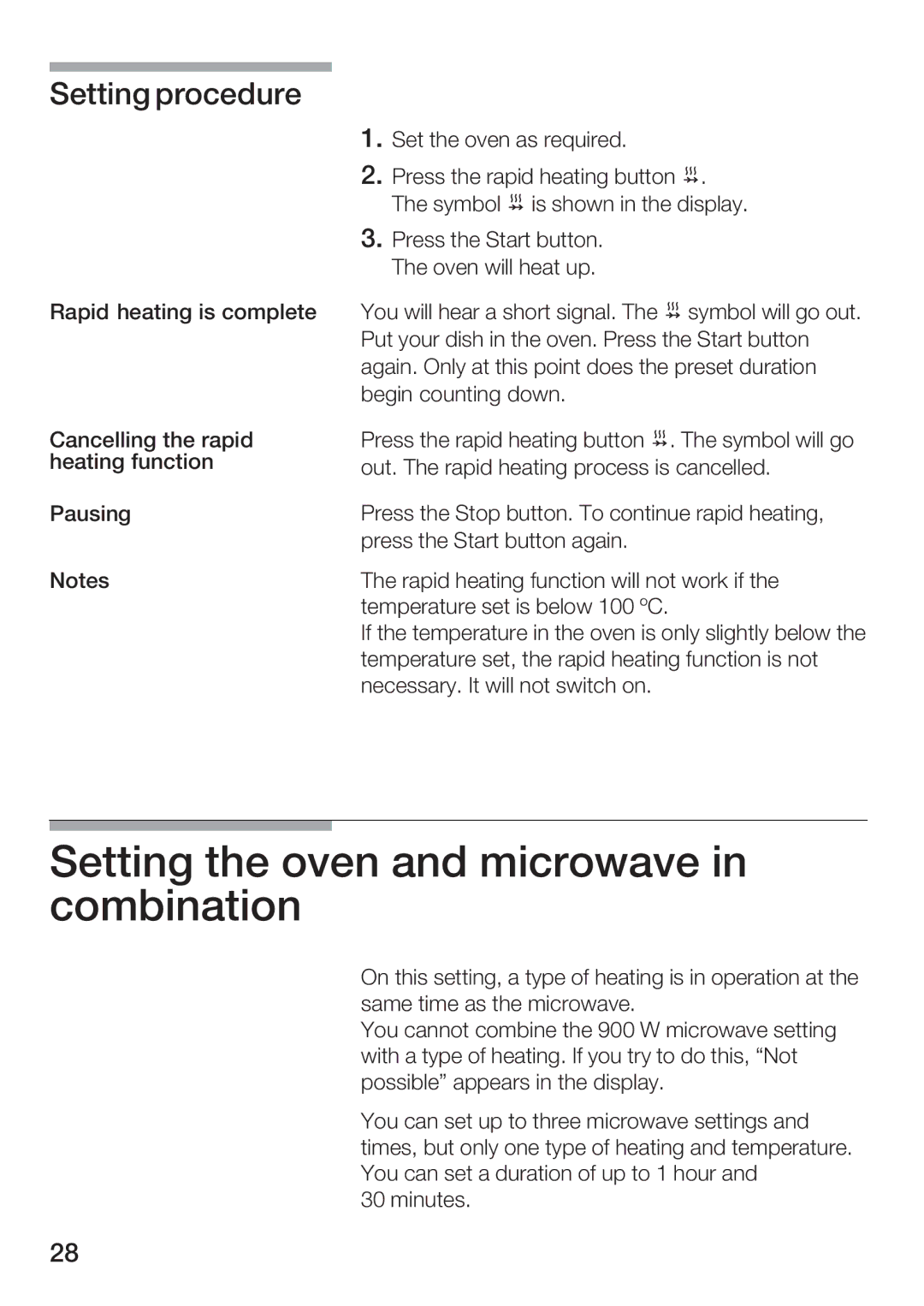 Bosch Appliances HBC86K7.0 manual Setting the oven and microwave in combination, Setting procedure 