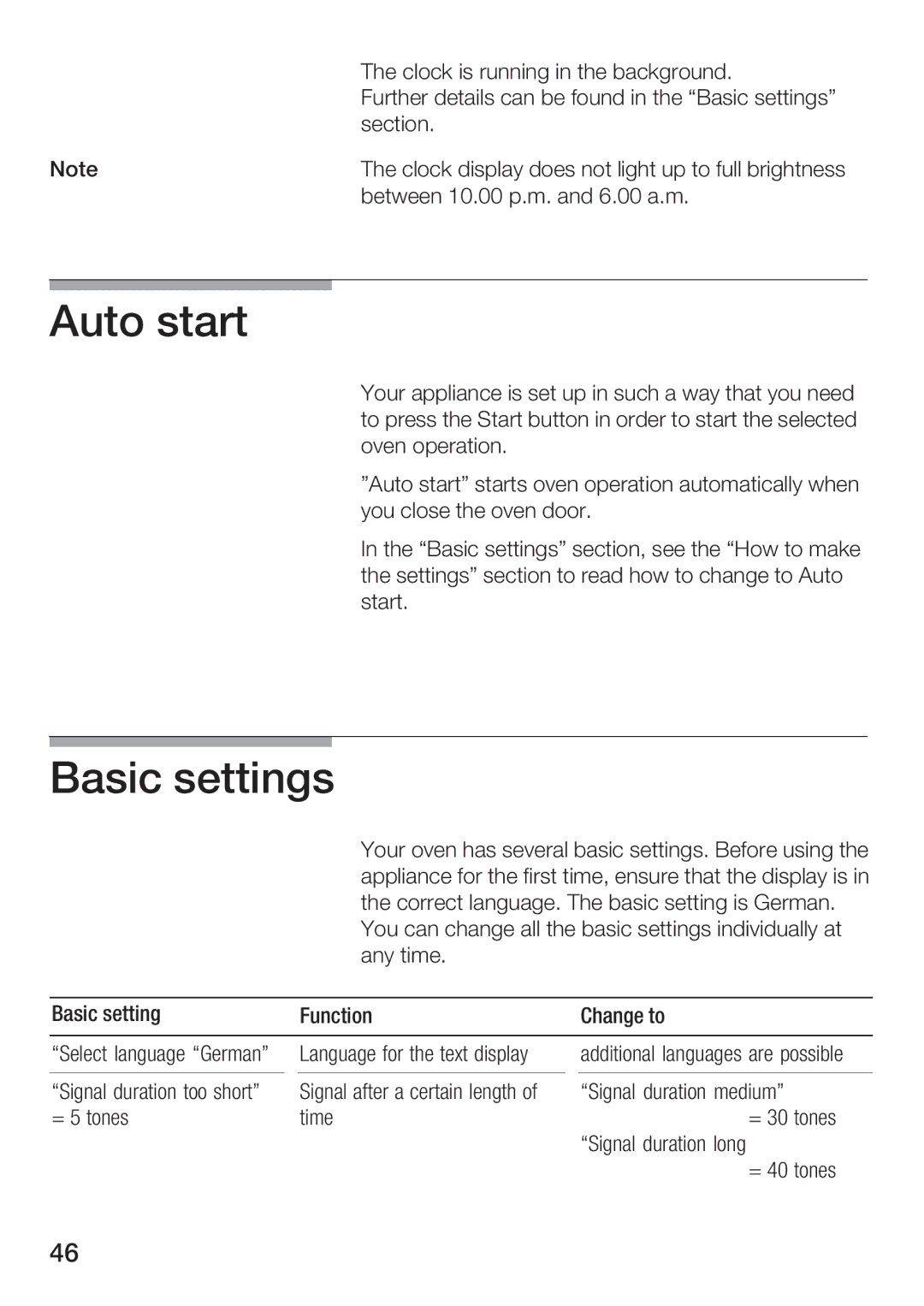 Bosch Appliances HBC86K7.0 manual Auto start, Basic settings 