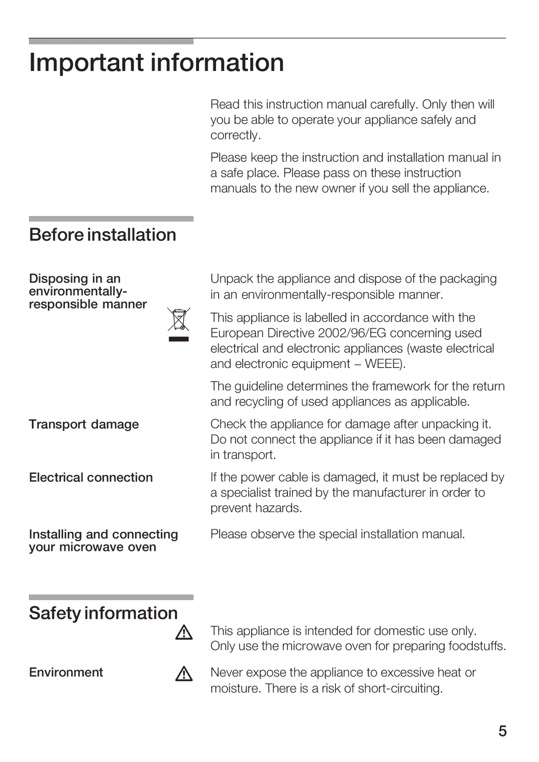 Bosch Appliances HBC86K7.0 manual Important information, Before installation, Safety information 