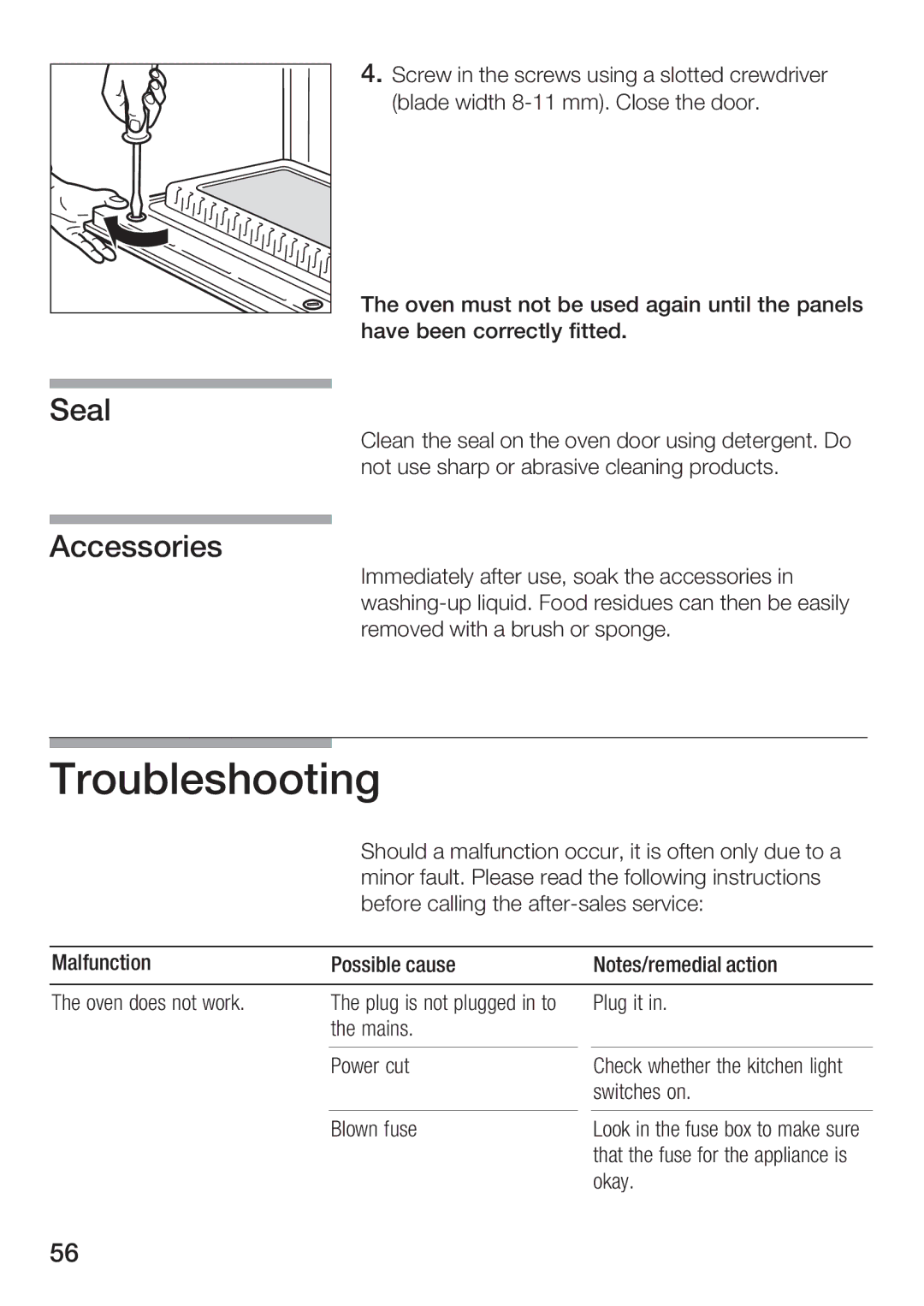 Bosch Appliances HBC86K7.0 manual Troubleshooting, Seal Accessories 