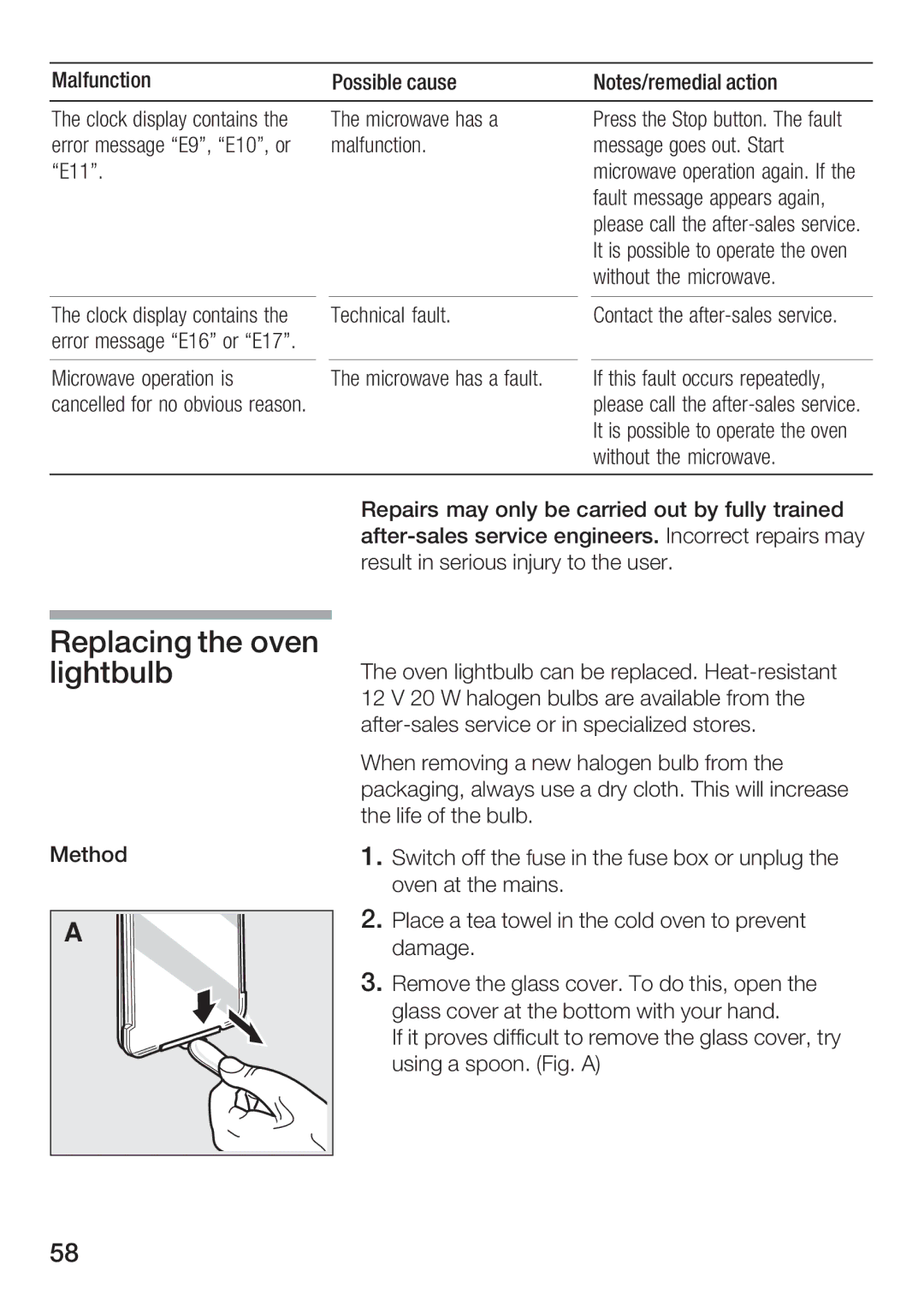 Bosch Appliances HBC86K7.0 manual Replacing the oven lightbulb 