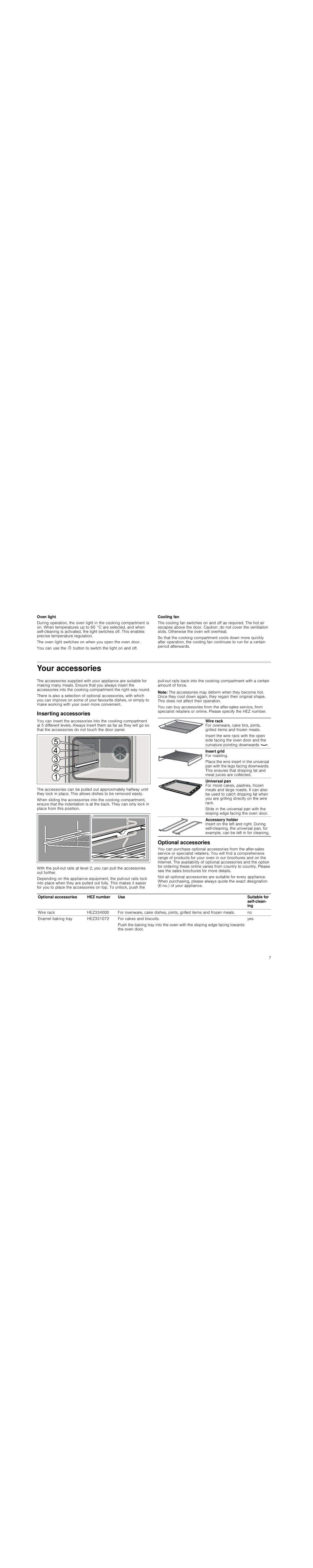 Bosch Appliances HBG78R7.0B instruction manual Your accessories, Inserting accessories, Optional accessories 