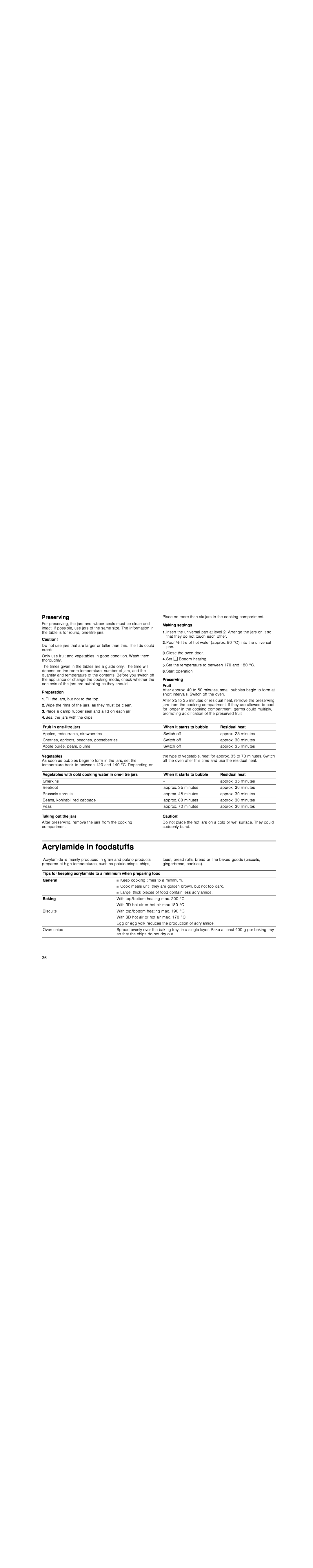 Bosch Appliances HBG78R7.0B instruction manual Acrylamide in foodstuffs, Preserving 