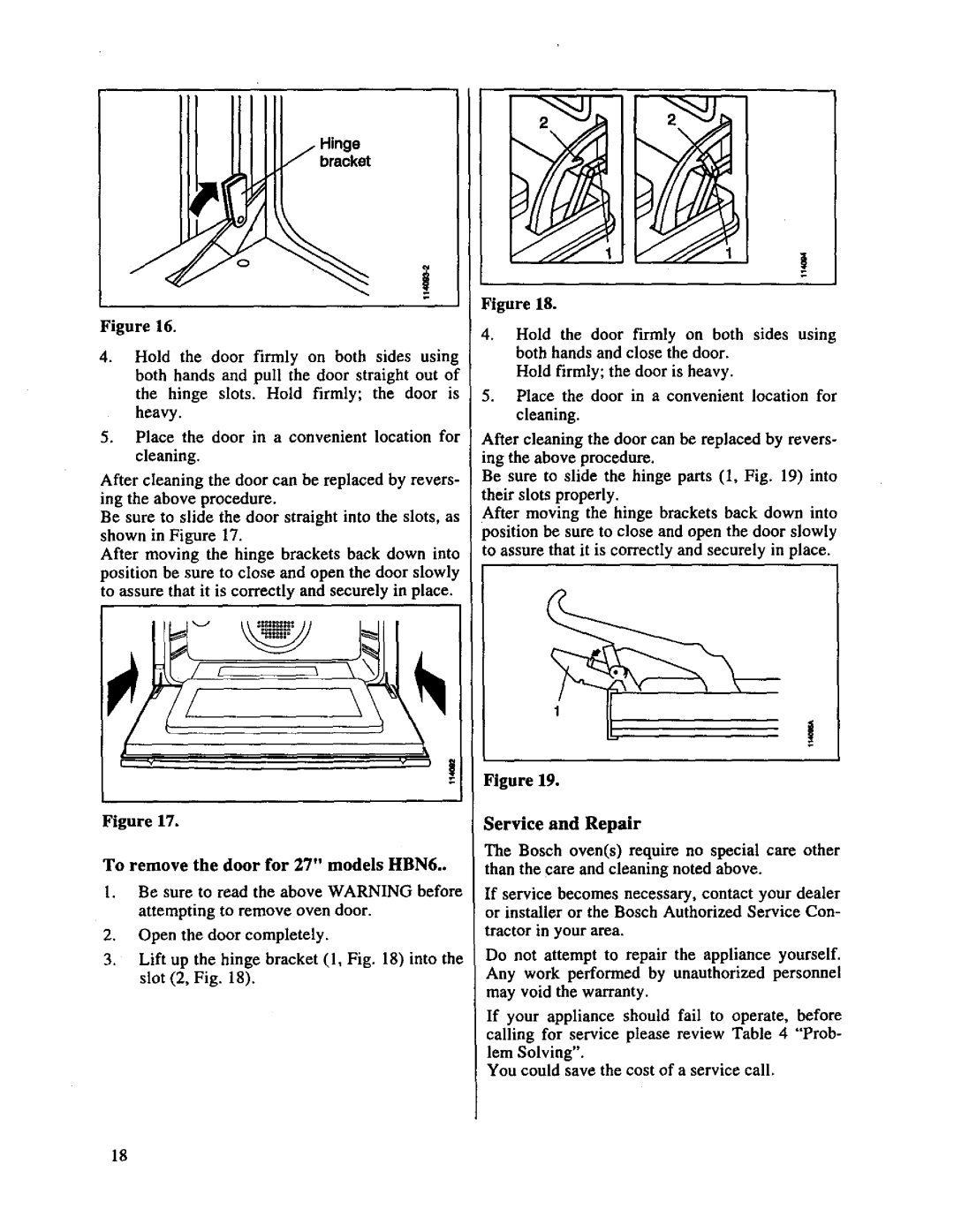 Bosch Appliances HBL 65, HBL 64, HBL 63 manuel dutilisation To remove the door for 27 models HBN6, Service and Repair 