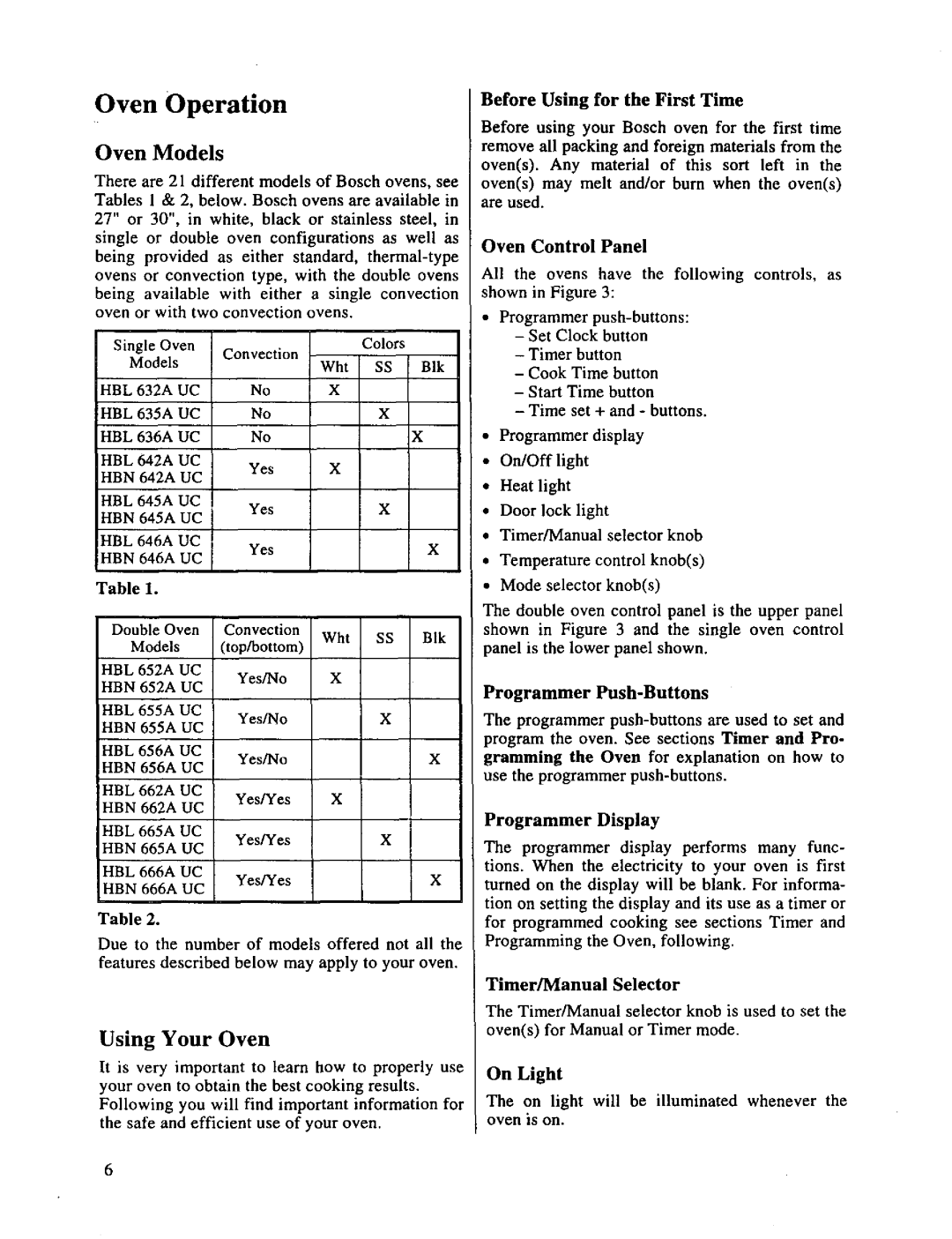 Bosch Appliances HBL 65, HBL 64 Oven Models, Using Your Oven, Before Using for the First Time, Programmer Push-Buttons 