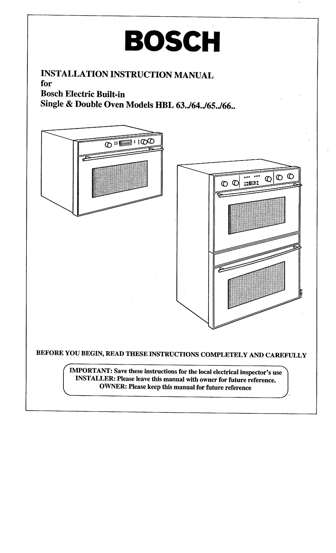 Bosch Appliances HBL 64, HBL 66, 122, HBL 63, HBL 65, Double Oven manual 