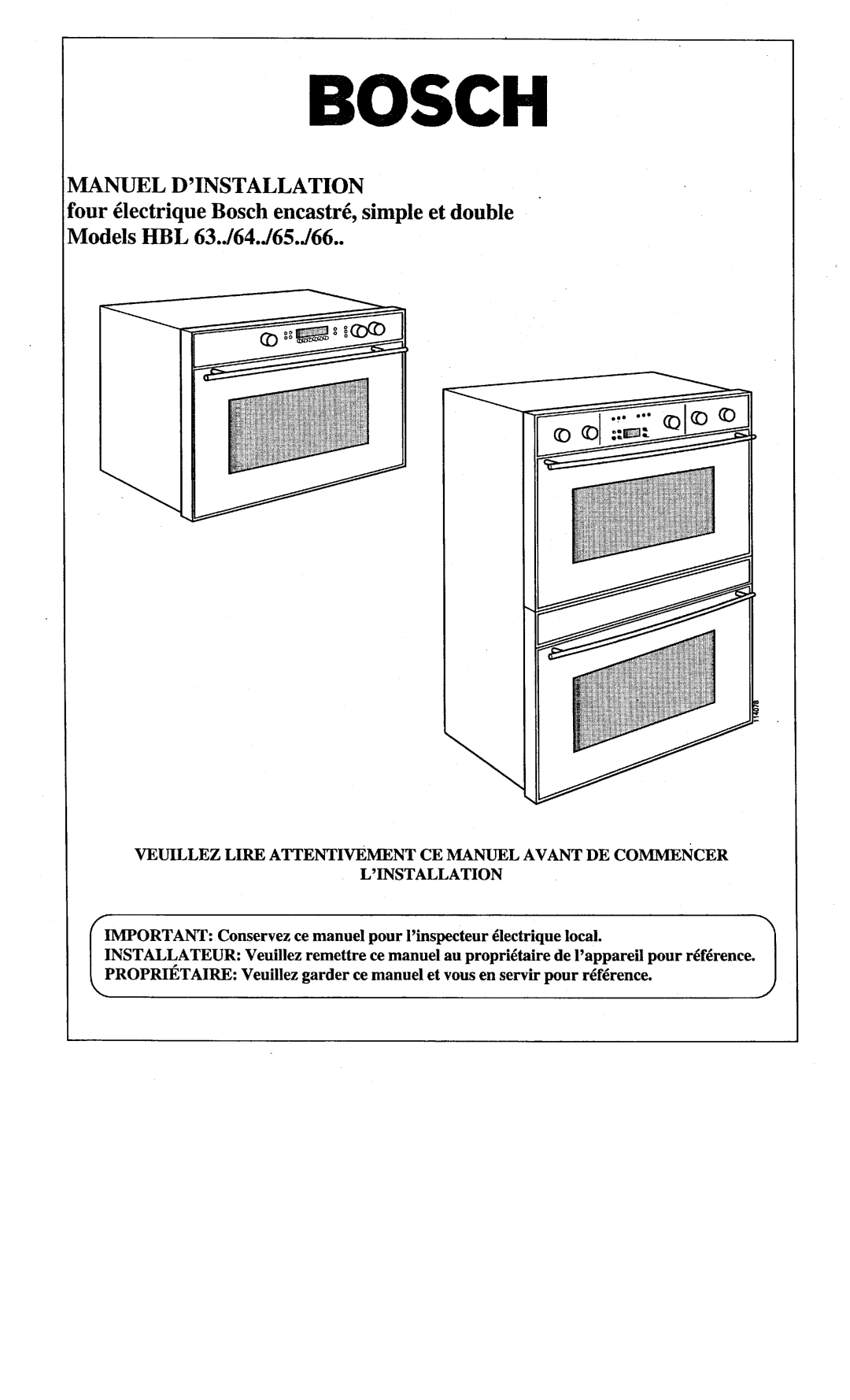 Bosch Appliances HBL 66, HBL 64, 122, HBL 63, HBL 65, Double Oven manual 
