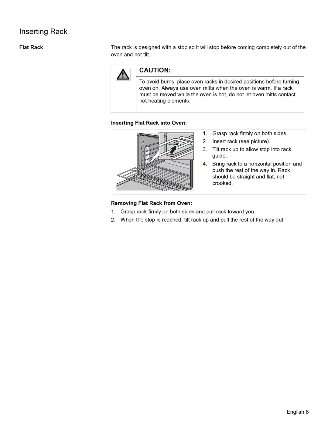 Bosch Appliances HBL56, HBL57, HBL54, HBN56 manual Inserting Rack, Inserting Flat Rack into Oven, Removing Flat Rack from Oven 