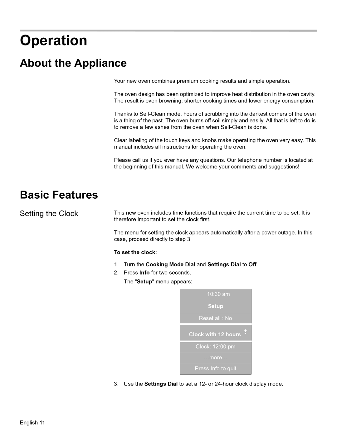 Bosch Appliances HBN54, HBL57, HBL56, HBL54, HBN56 manual Operation, About the Appliance, Basic Features, Setting the Clock 