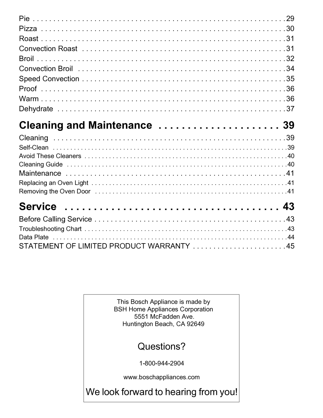 Bosch Appliances HBN56, HBL57, HBL56, HBL54, HBN54 manual Cleaning and Maintenance, Service 