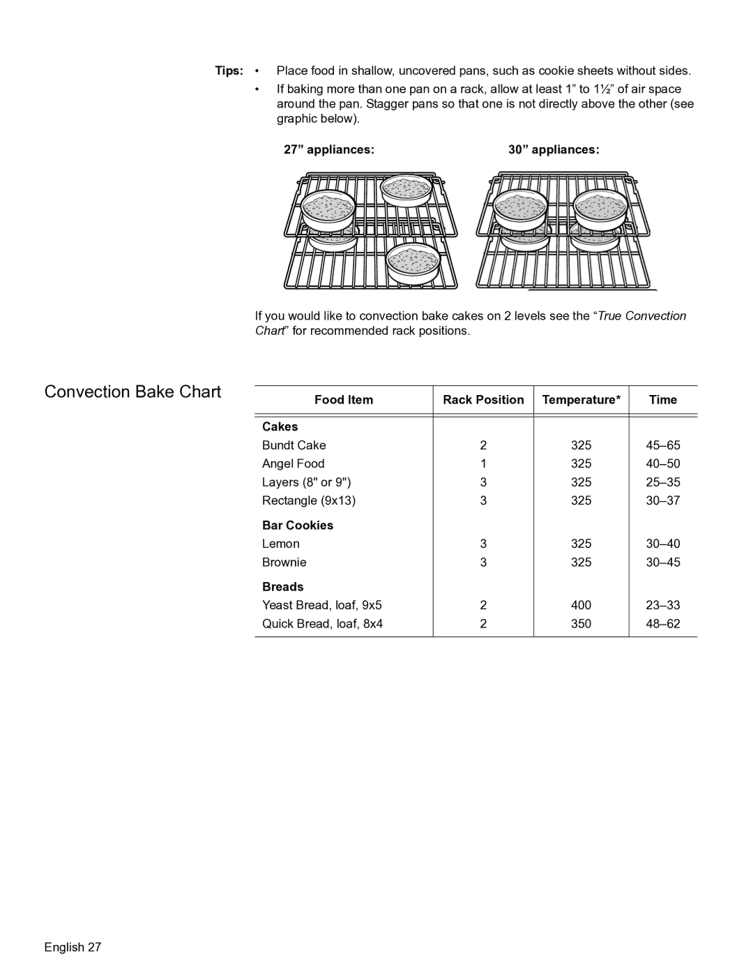 Bosch Appliances HBL57, HBL56, HBL54, HBN56, HBN54 Convection Bake Chart, Food Item Rack Position, Cakes, Bar Cookies, Breads 