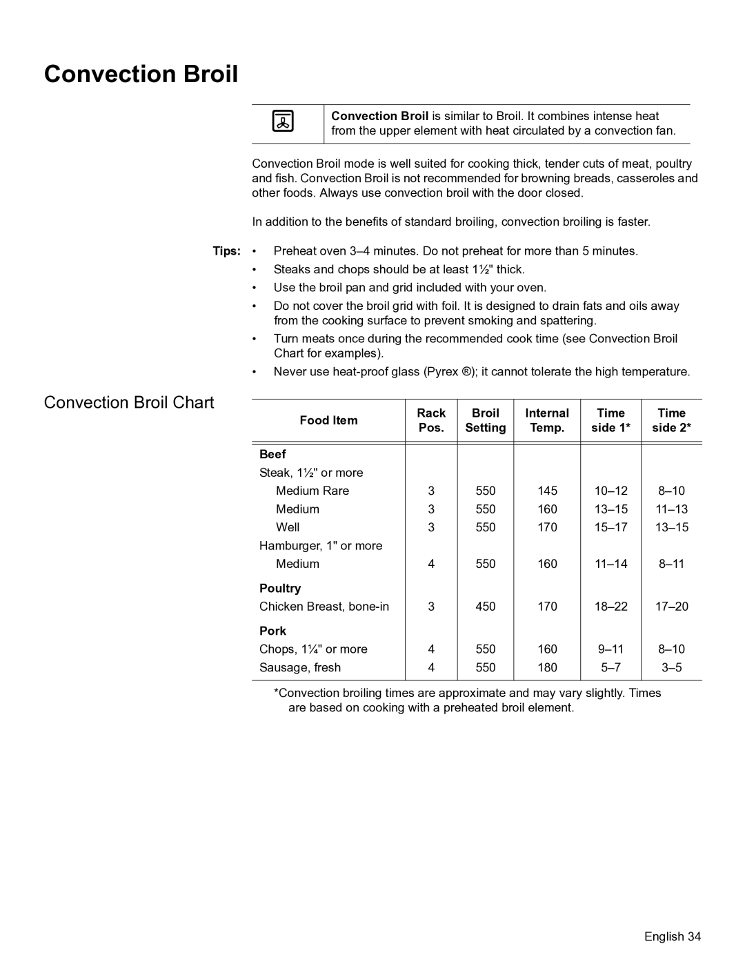 Bosch Appliances HBL54, HBL57, HBL56, HBN56, HBN54 manual Convection Broil Chart 