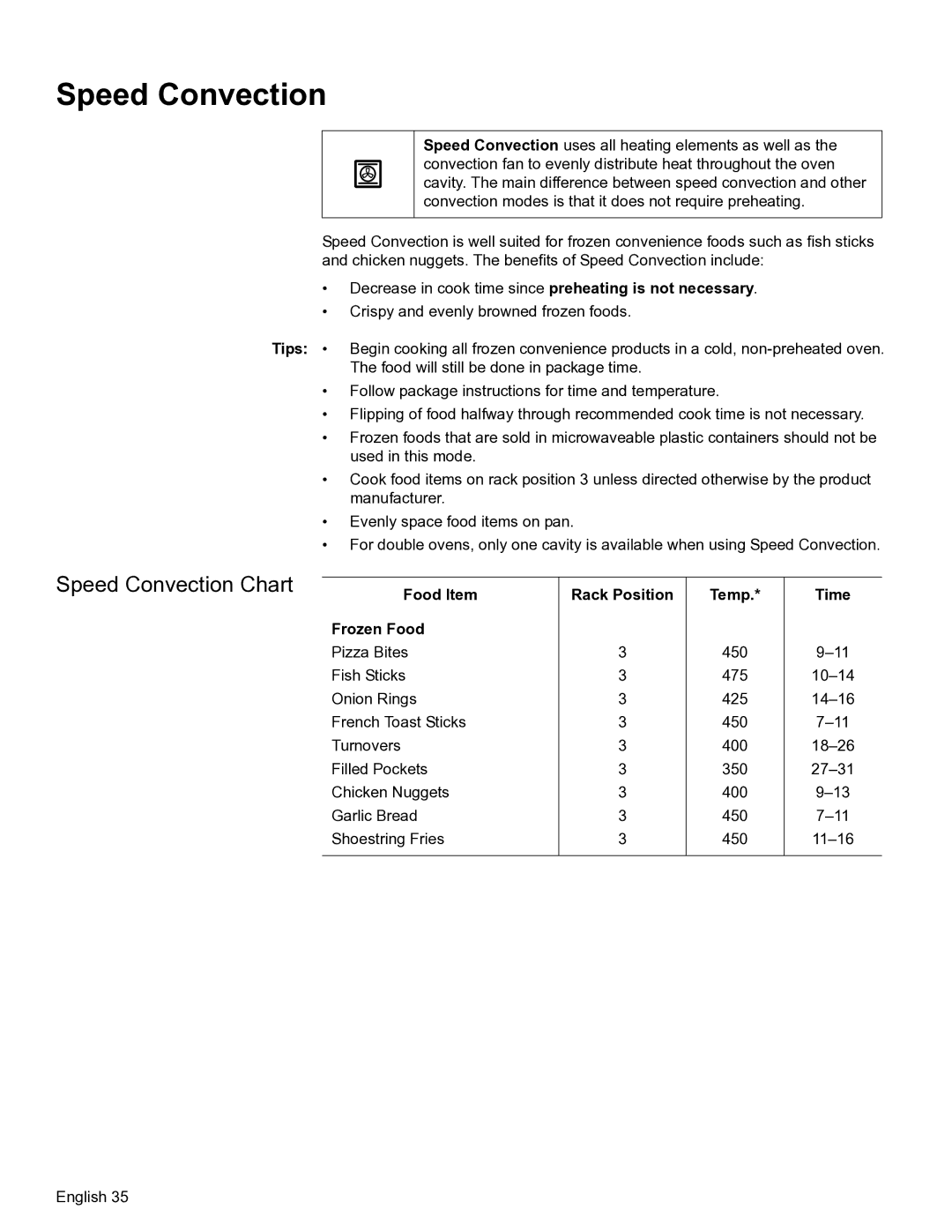 Bosch Appliances HBN56, HBL57, HBL56, HBL54, HBN54 manual Speed Convection Chart, Frozen Food 