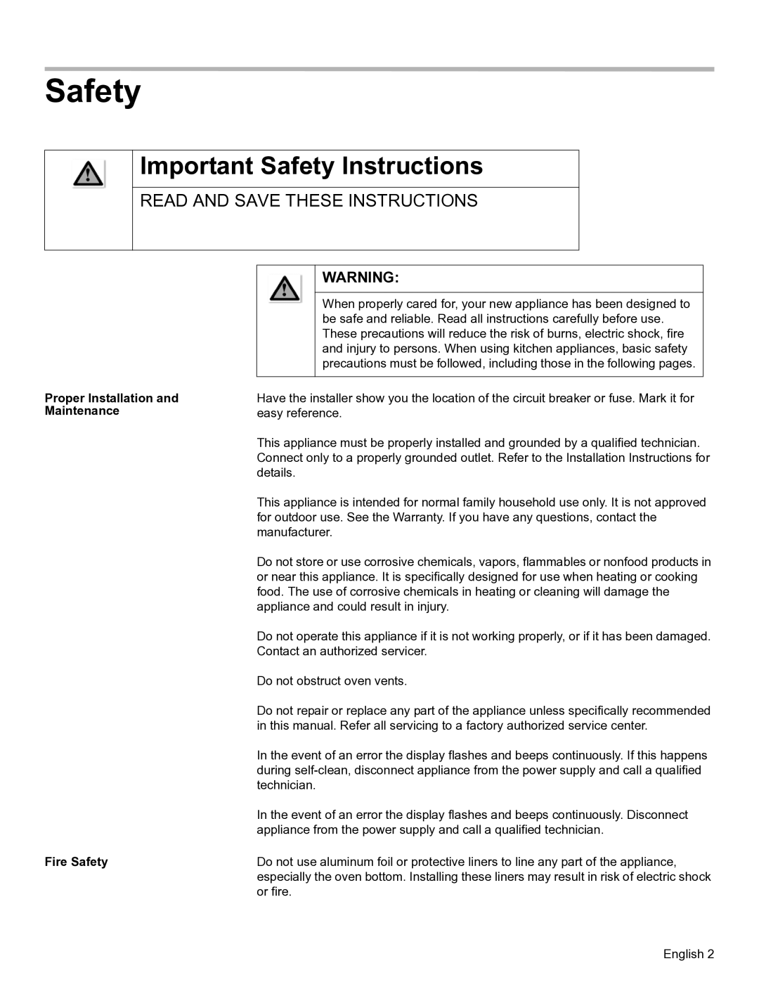 Bosch Appliances HBL57, HBL56, HBL54 Important Safety Instructions, Proper Installation and Maintenance Fire Safety 