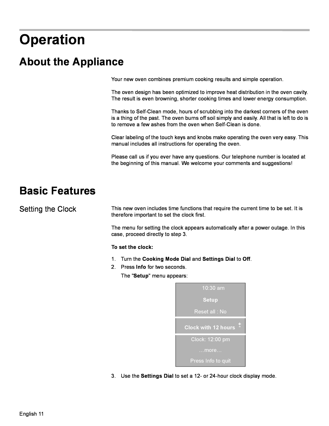 Bosch Appliances HBN54, HBL57, HBL56, HBL54, HBN56 manual Operation, About the Appliance, Basic Features, To set the clock 