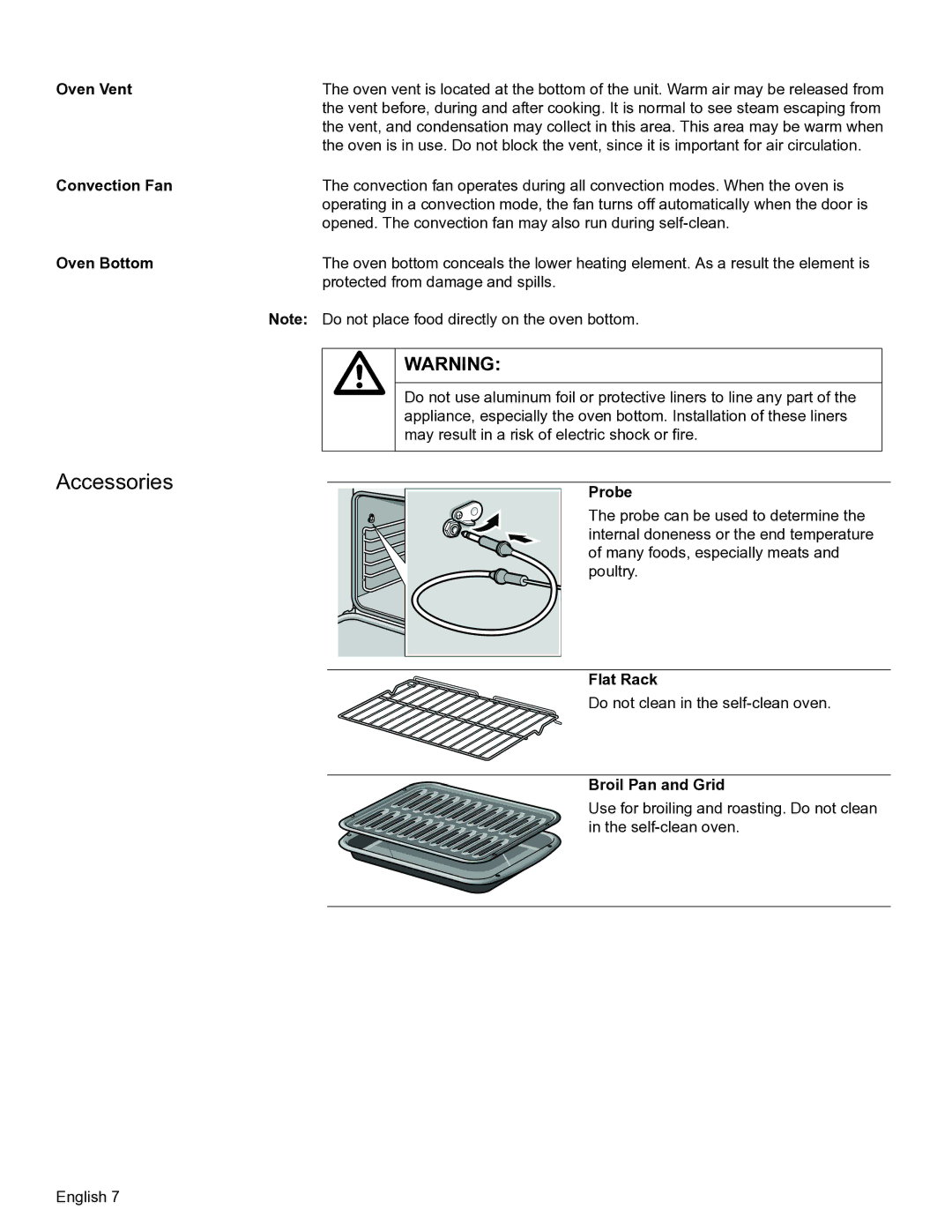 Bosch Appliances HBN56, HBL57 manual Accessories, Oven Vent Convection Fan Oven Bottom, Probe, Flat Rack, Broil Pan and Grid 