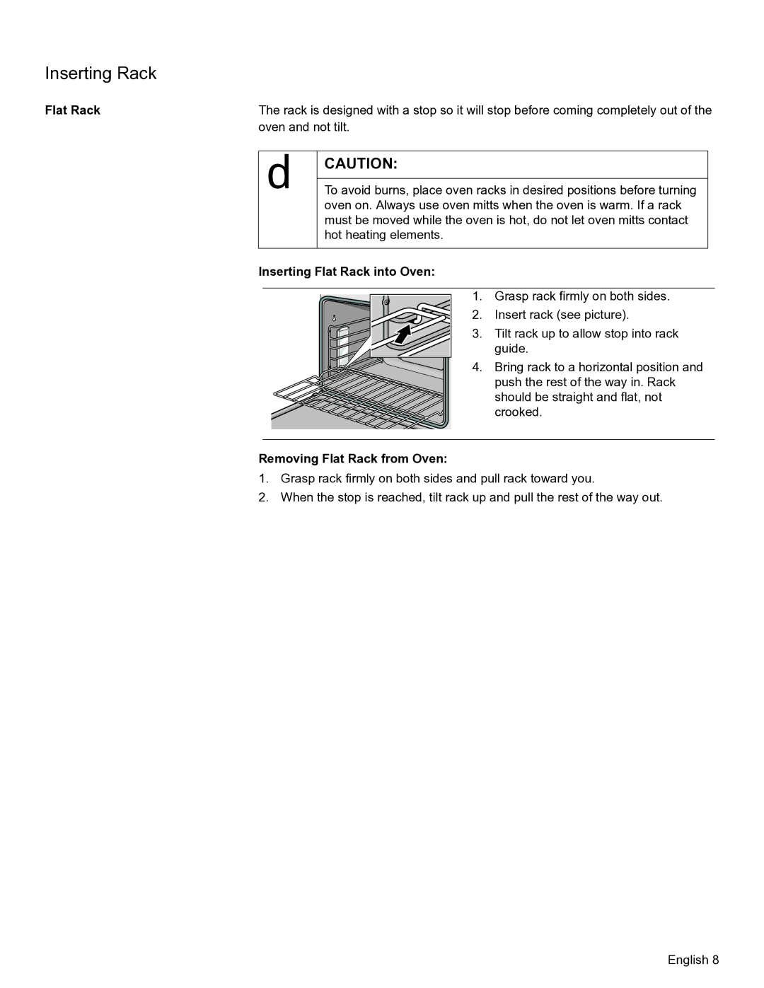 Bosch Appliances HBN54, HBL57, HBL56, HBN56 manual Inserting Rack, Inserting Flat Rack into Oven, Removing Flat Rack from Oven 