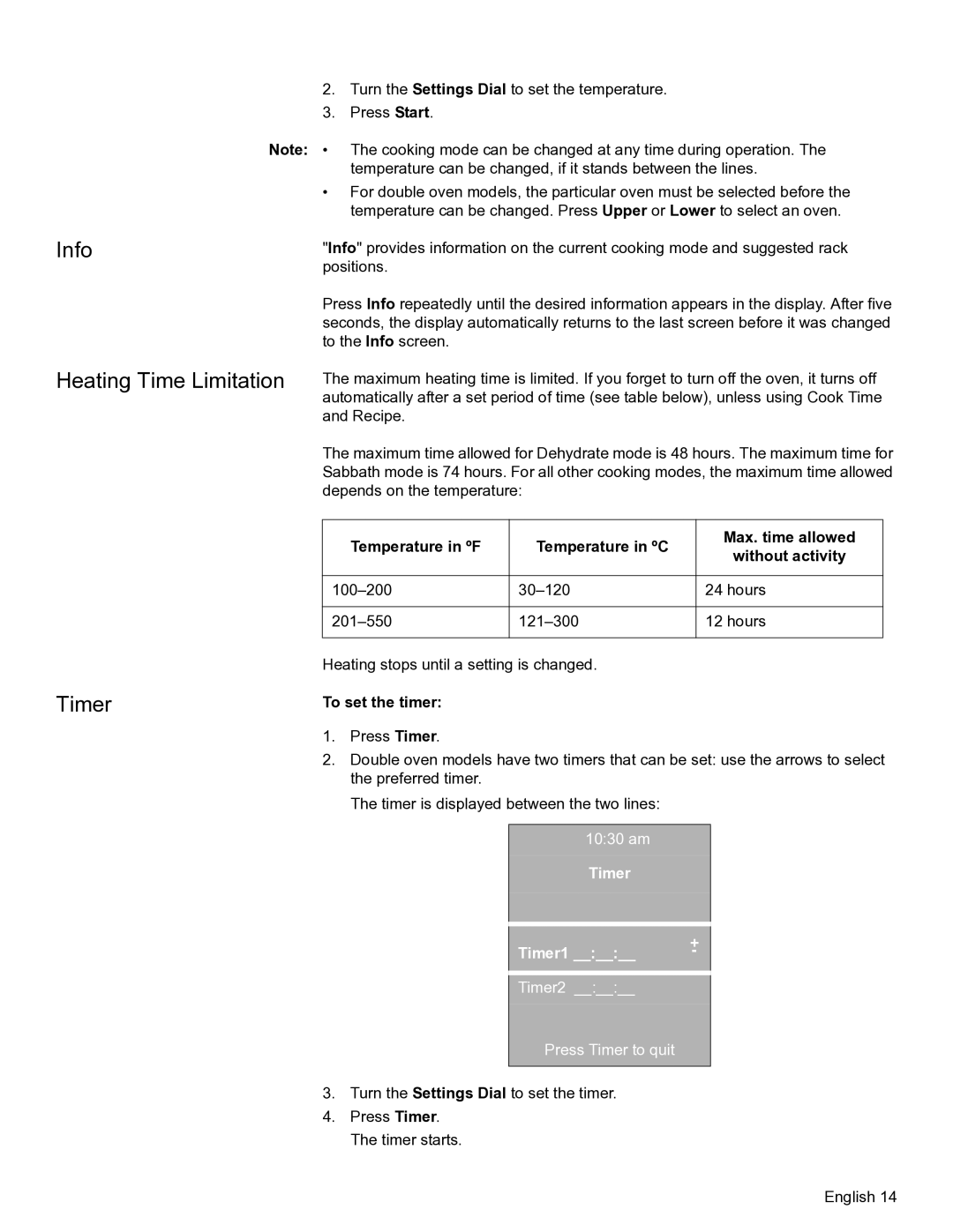 Bosch Appliances HBL56, HBL57, HBN56, HBN54 manual Info Heating Time Limitation, To set the timer, Timer Timer1 Timer2 