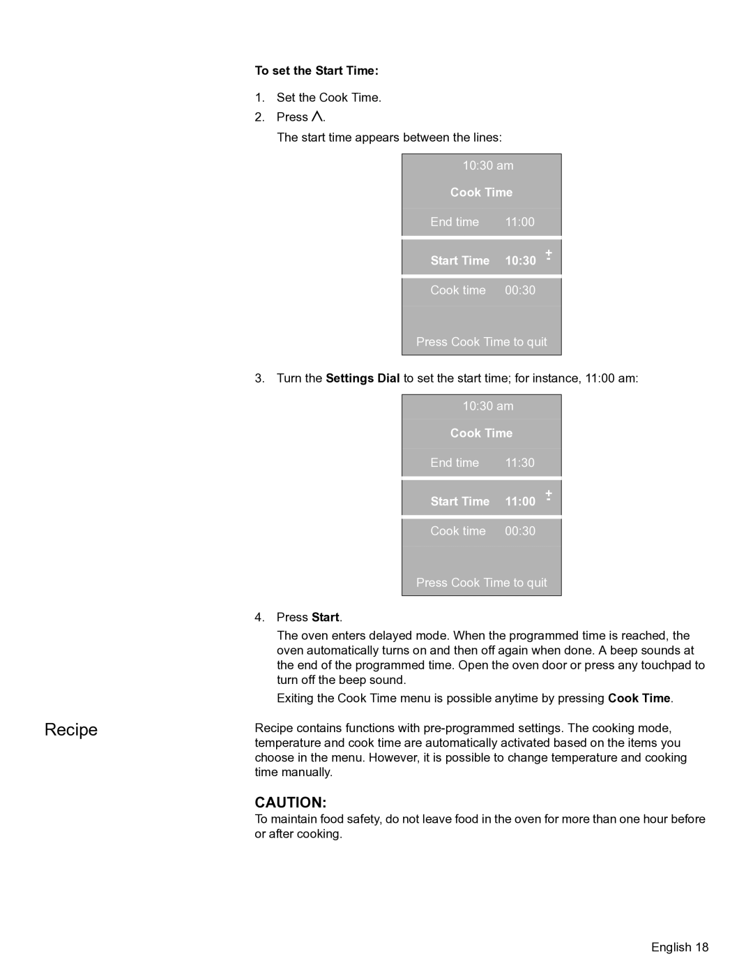 Bosch Appliances HBL56, HBL57, HBN56, HBN54 manual Recipe, To set the Start Time, Start Time 1030, Start Time 1100 